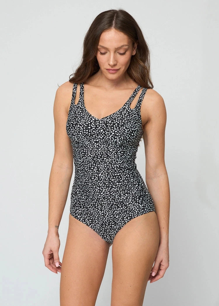 בגד ים שלם מחטב מחשוף וי הדפס שחור/לבן - לויטקס Levitex