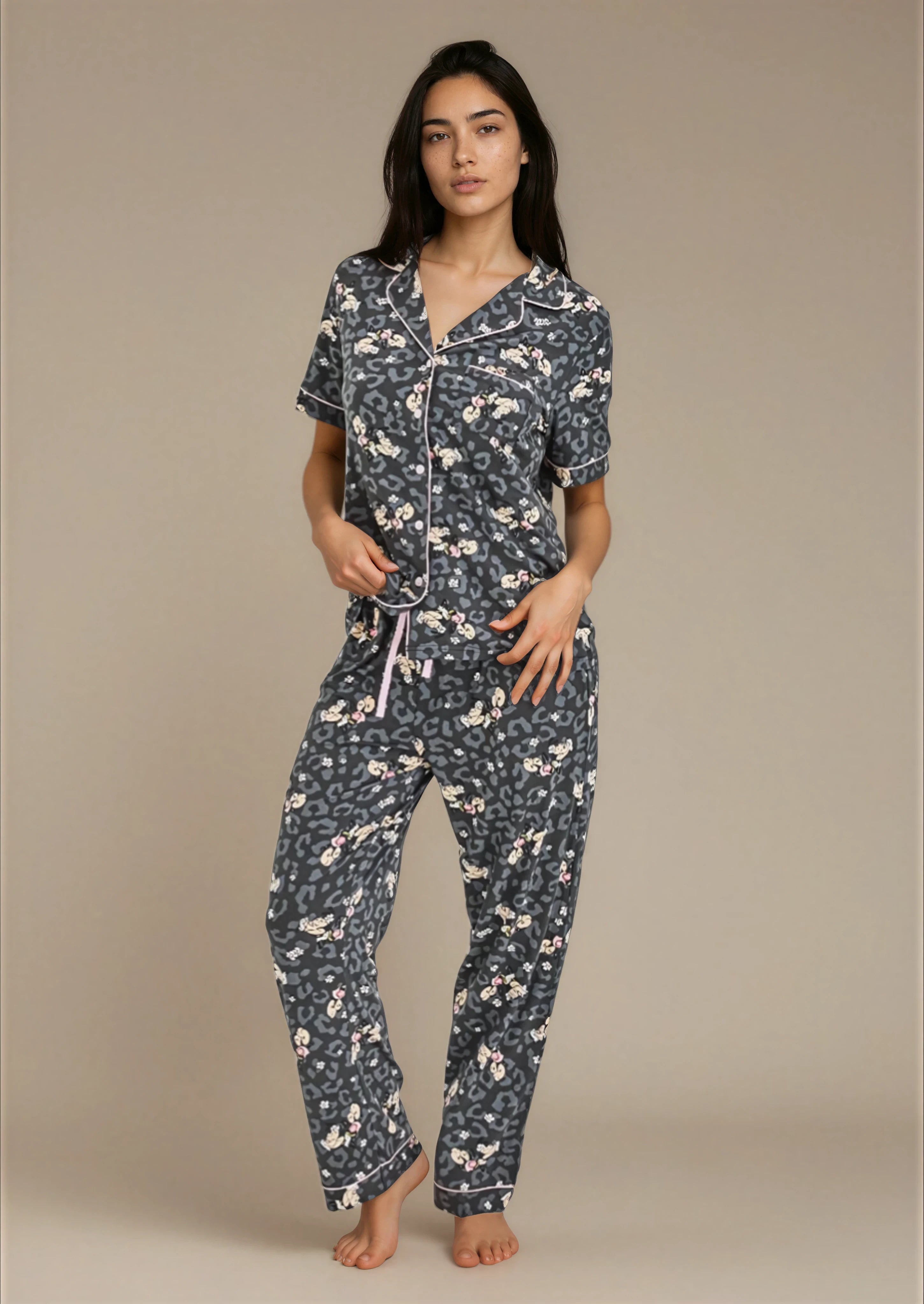 סט פיג'מה יאמי כפתורים הדפס שחור ואפור אינטימה