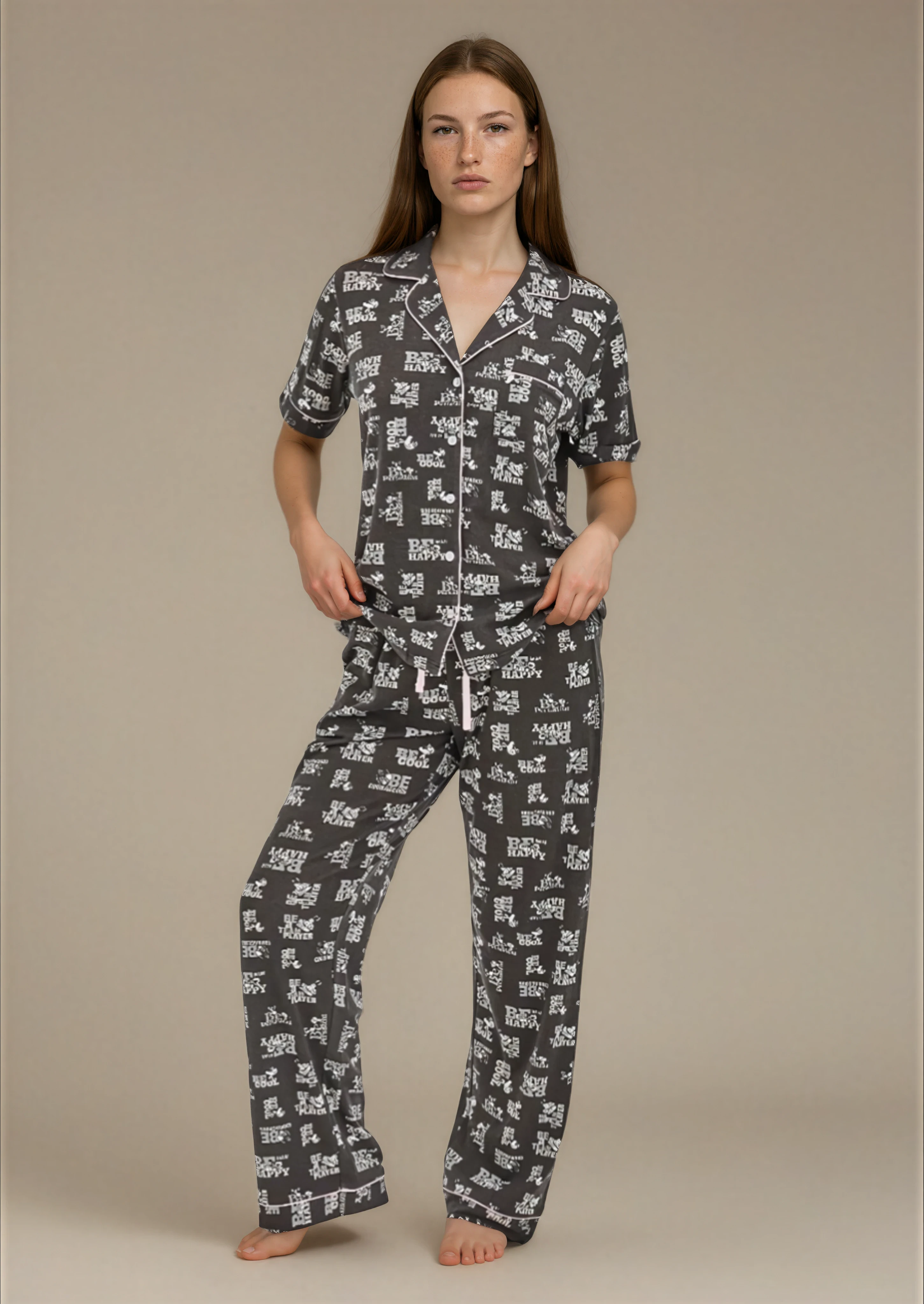 סט פיג'מה בשילוב ויסקוזה כפתורים הדפס שחור אינטימה