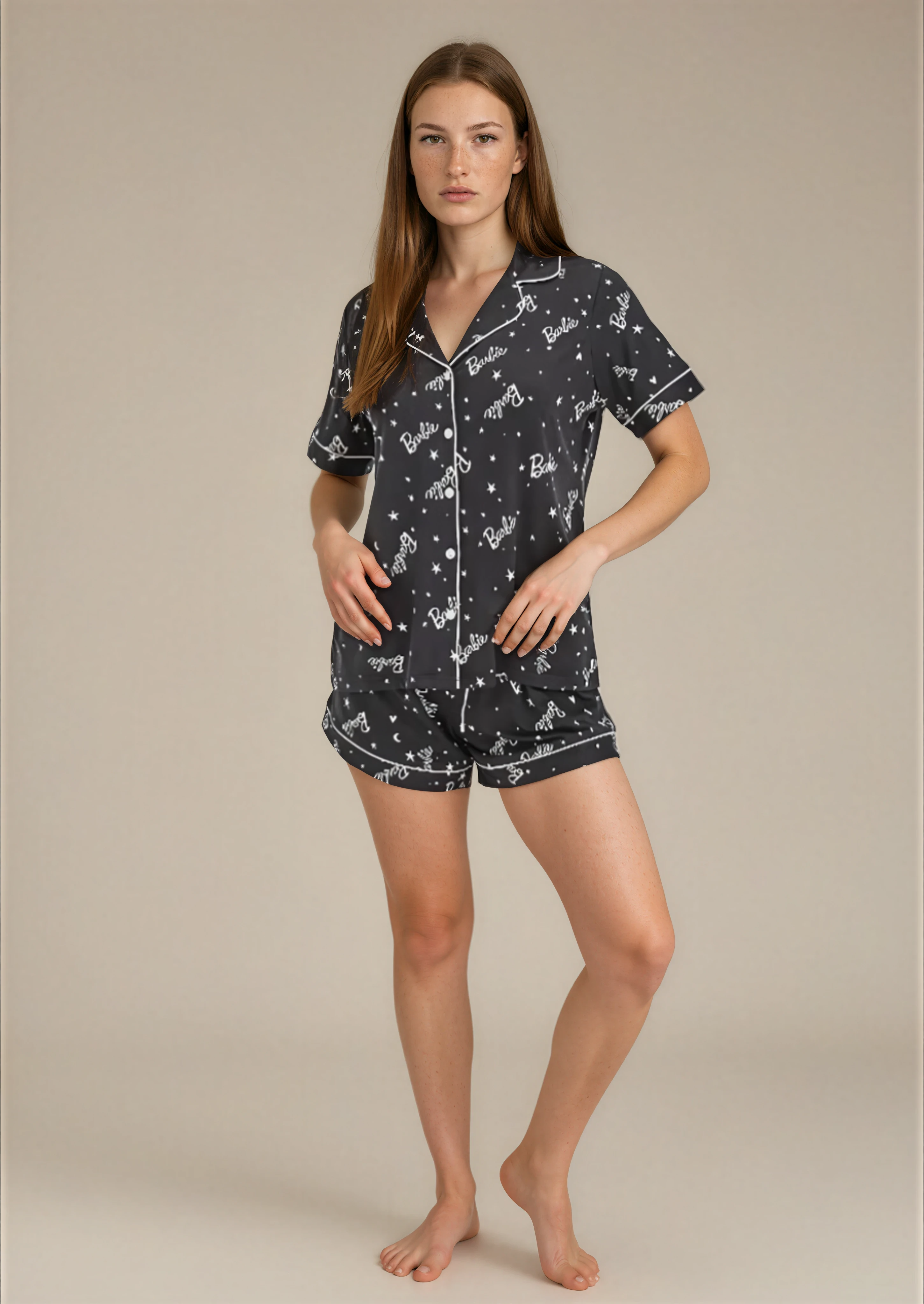 סט פיג'מה יאמי כפתורים הדפס שחור