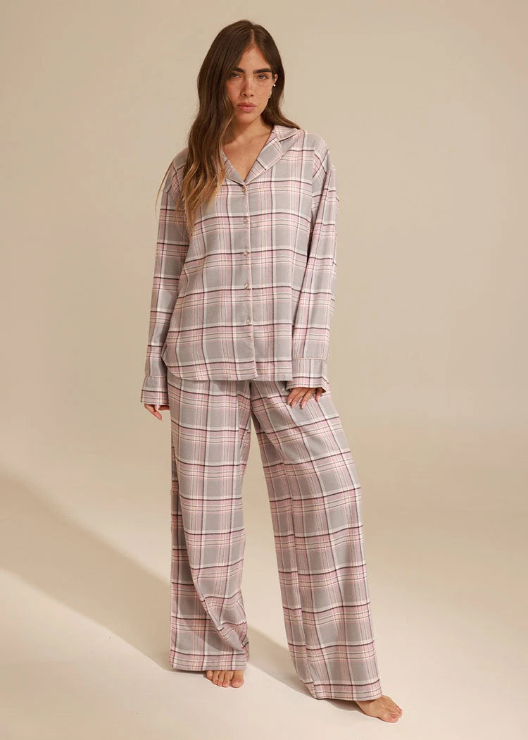 סט פלאנל חולצה מכופתרת ומכנס רחב PINK Femina