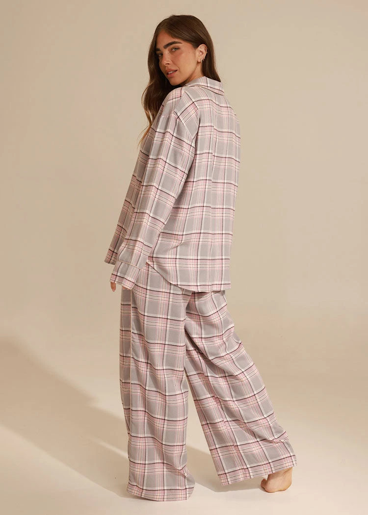 סט פלאנל חולצה מכופתרת ומכנס רחב PINK Femina