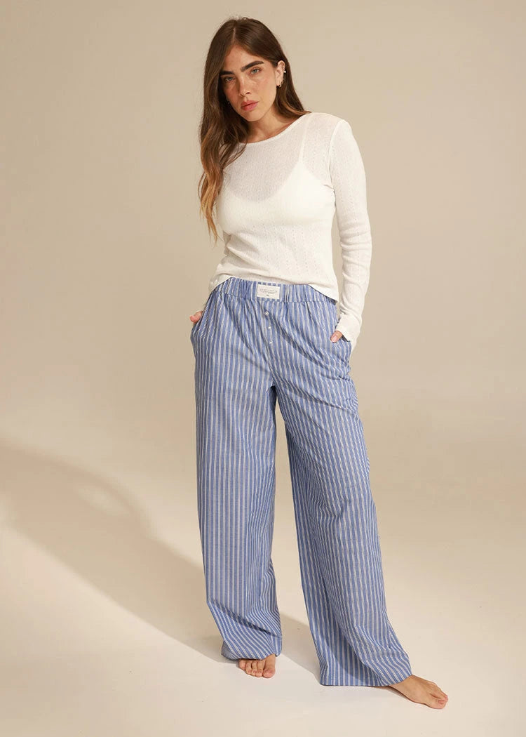 סט חולצת פוינטל כותנה ומכנס פסים LIGHT BLUE STRIPES Femina