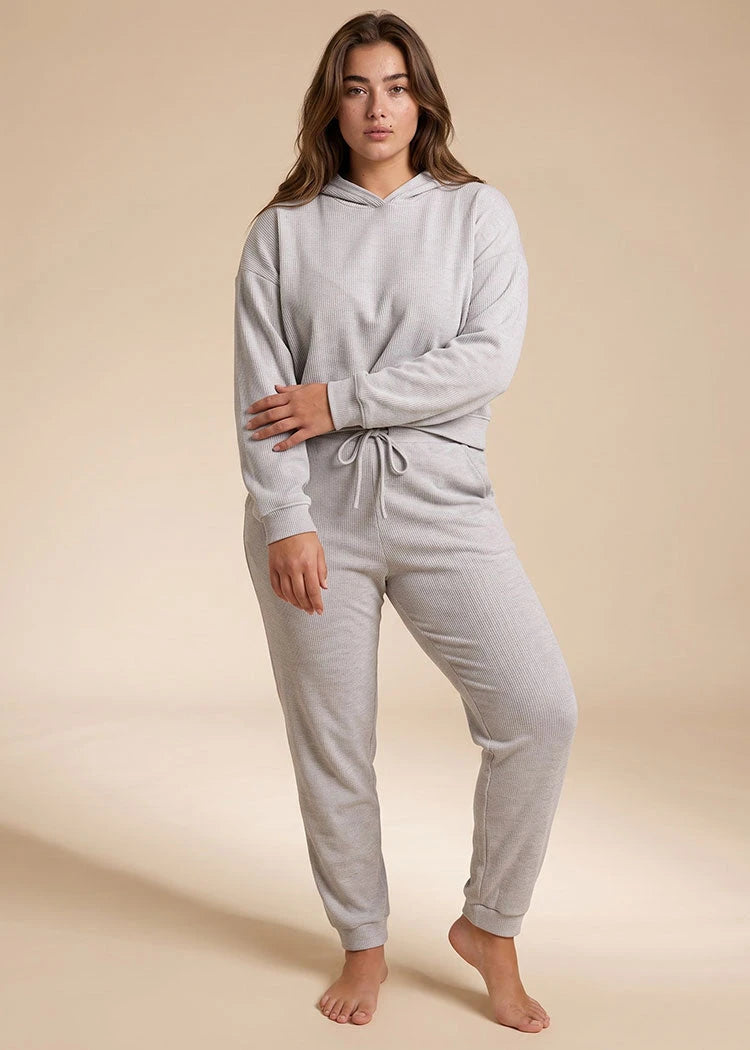 סט ריב מוברש של חולצת קפוצ’ון ומכנס ג’וגר MID GRAY MELANGE Femina