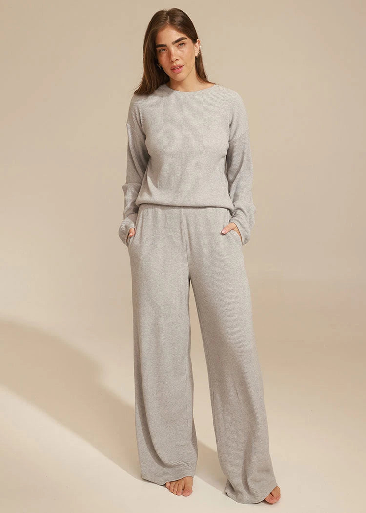 סט ריב מוברש של חולצת בלוזון ומכנס ישר MID GRAY MELANGE Femina