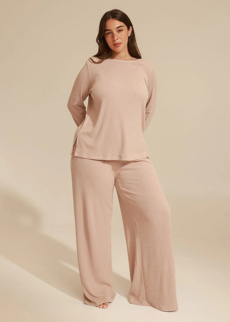 סט ריב מוברש של חולצת מפתח סירה ומכנס רחב FADED PINK Femina