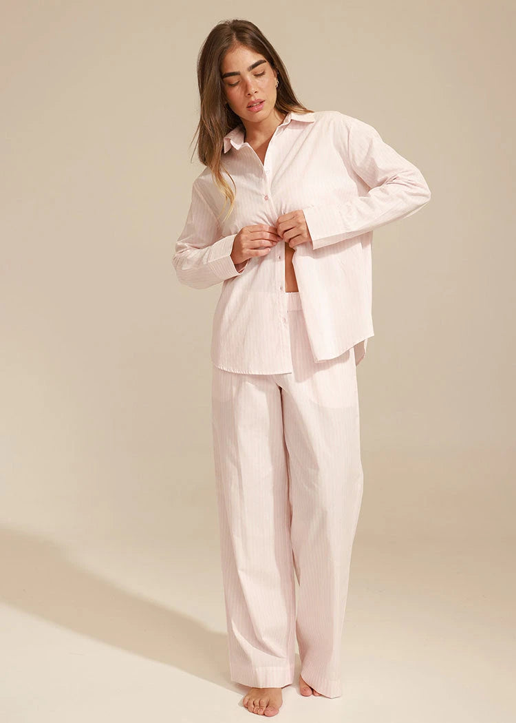 סט אריג פסים וורוד ולבן צווארון גברי PINK STRIPES Femina