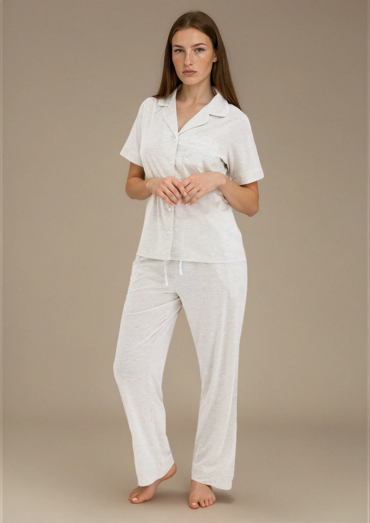 סט פיג'מה בשילוב ויסקוזה כפתורים אפור בהיר אינטימה