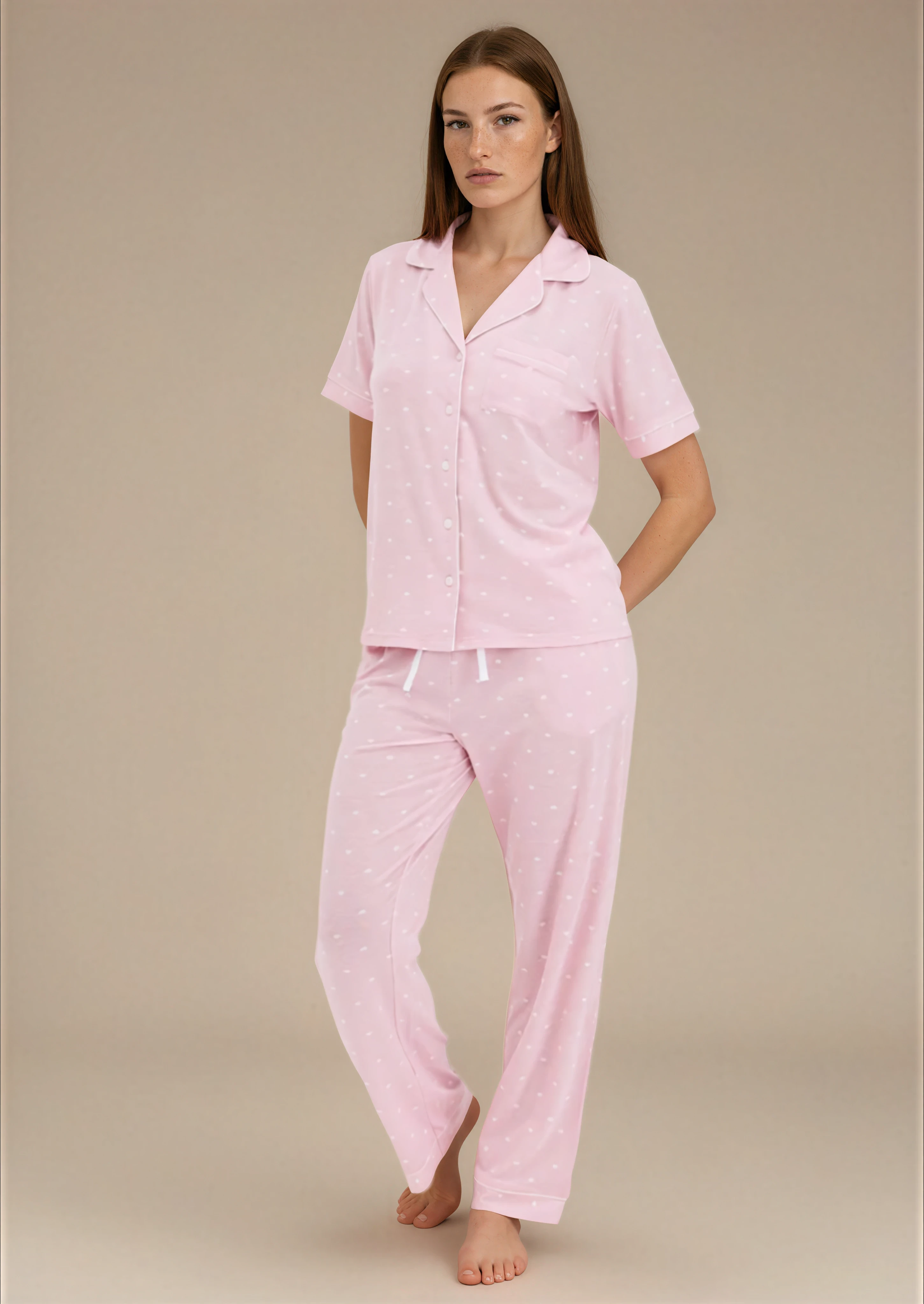 סט פיג'מה בשילוב ויסקוזה כפתורים ורוד אינטימה