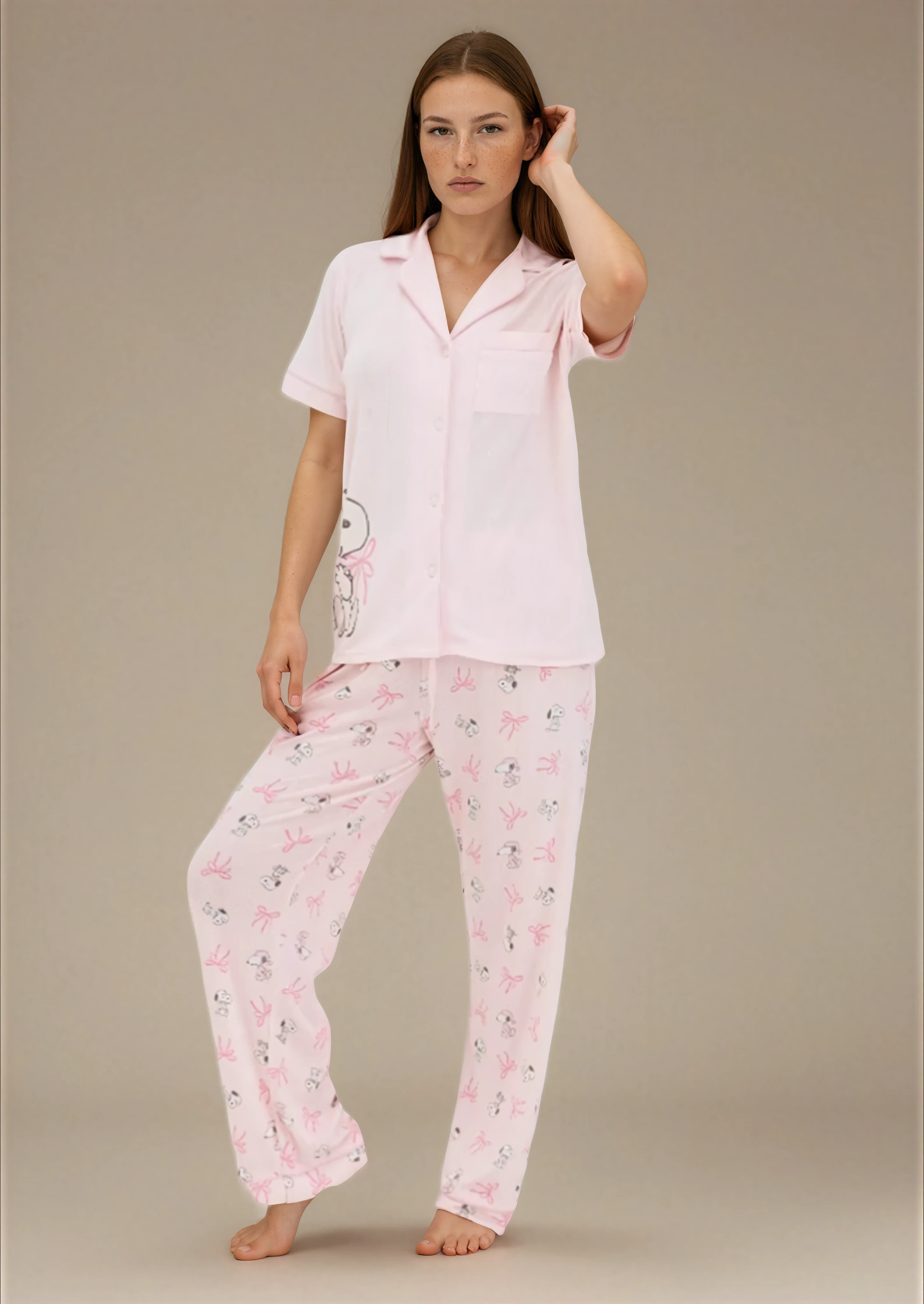 סט פיג'מה פוינטל כפתורים ורוד בהיר אינטימה