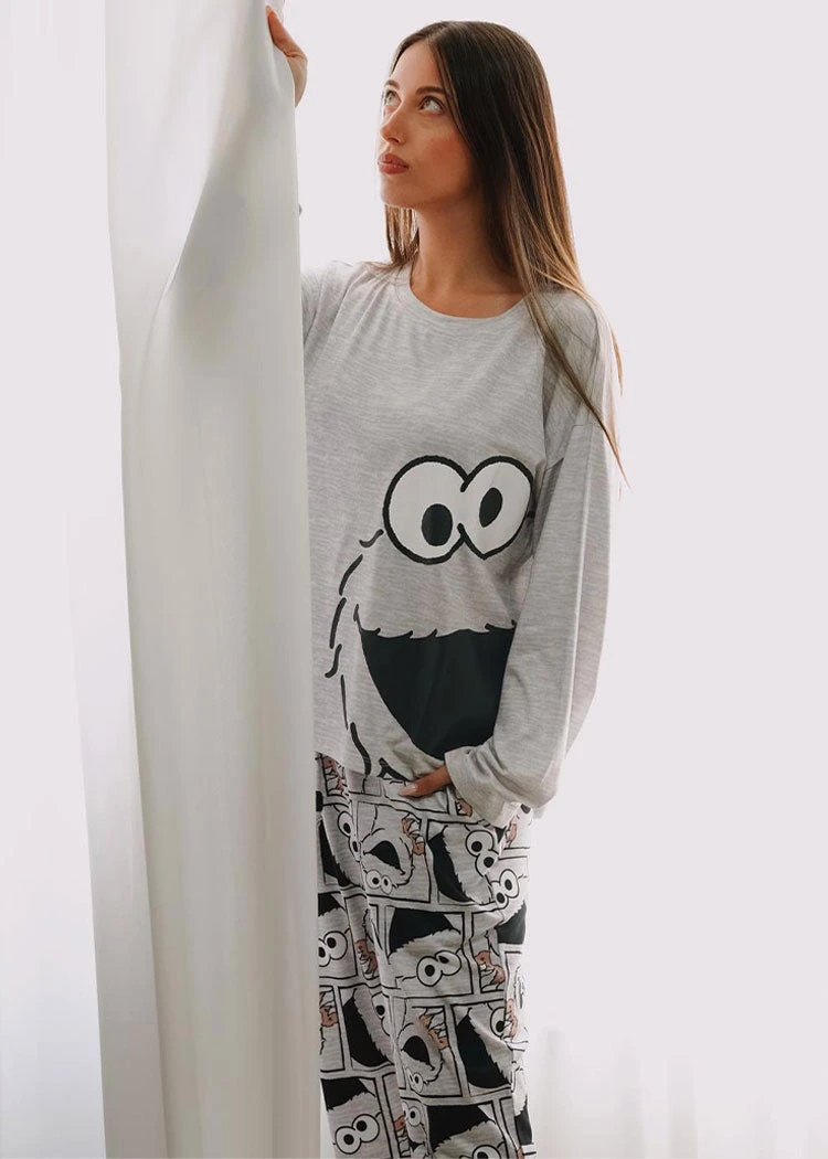 פיג'מה נשים ניקי האצ'י SEASAME STREET אפור בהיר אופק חול ים