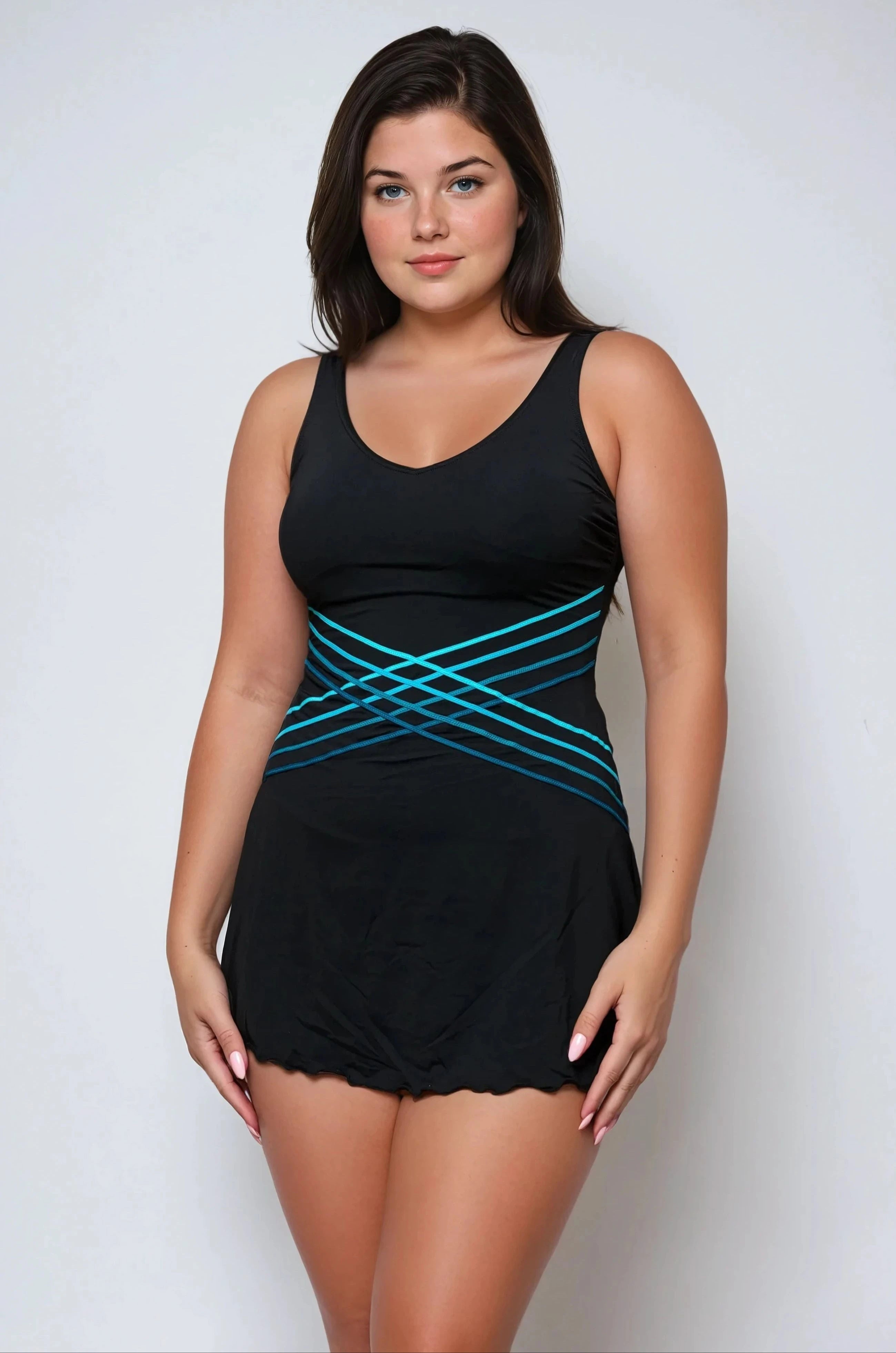 בגד ים שמלה מחטב פסים מצטלבים שחור/ירוק Levitex-Swimwear