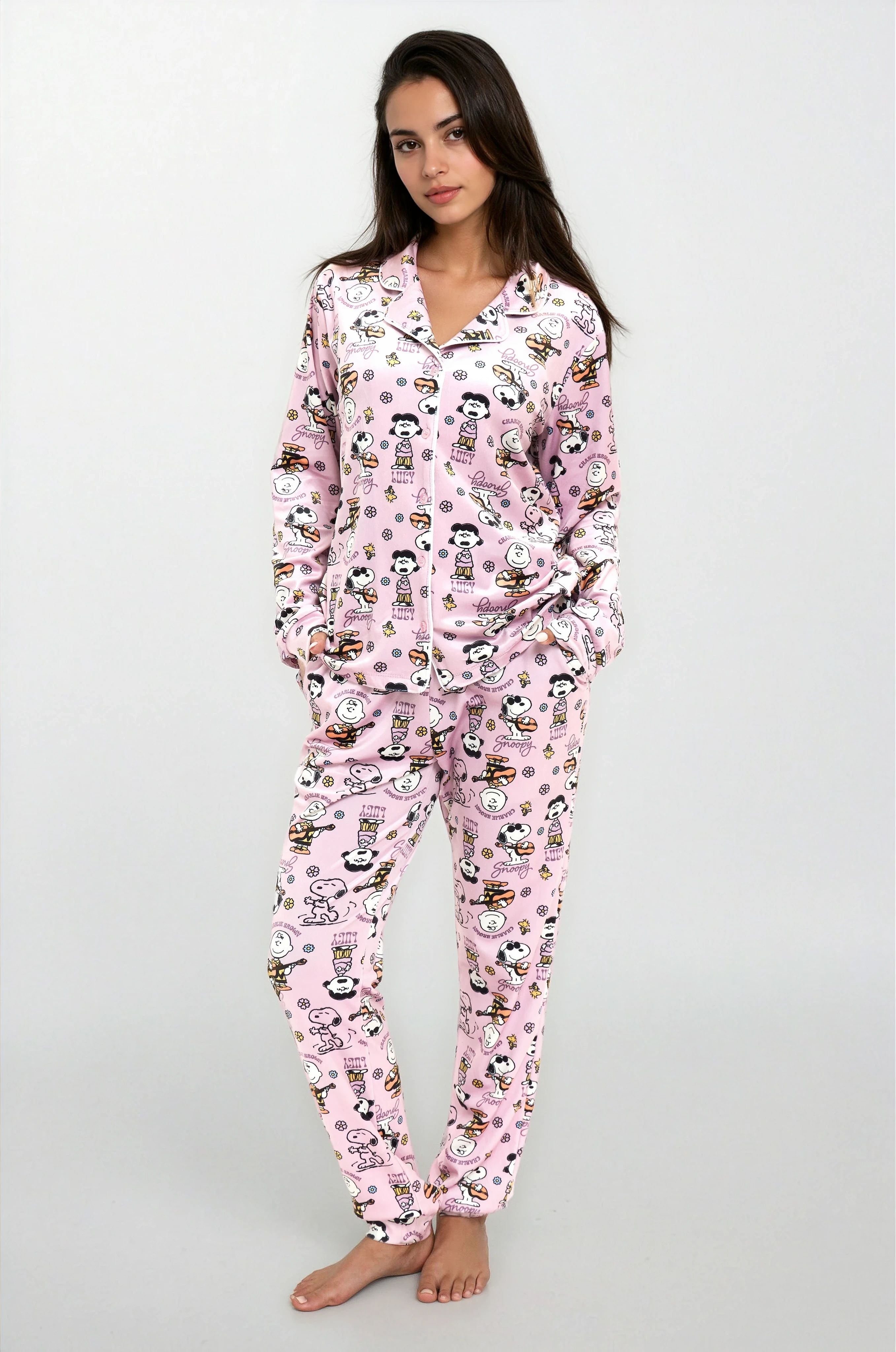 פיג'מה נשים סופטי כפתורים SNOOPY ורוד אופק חול ים