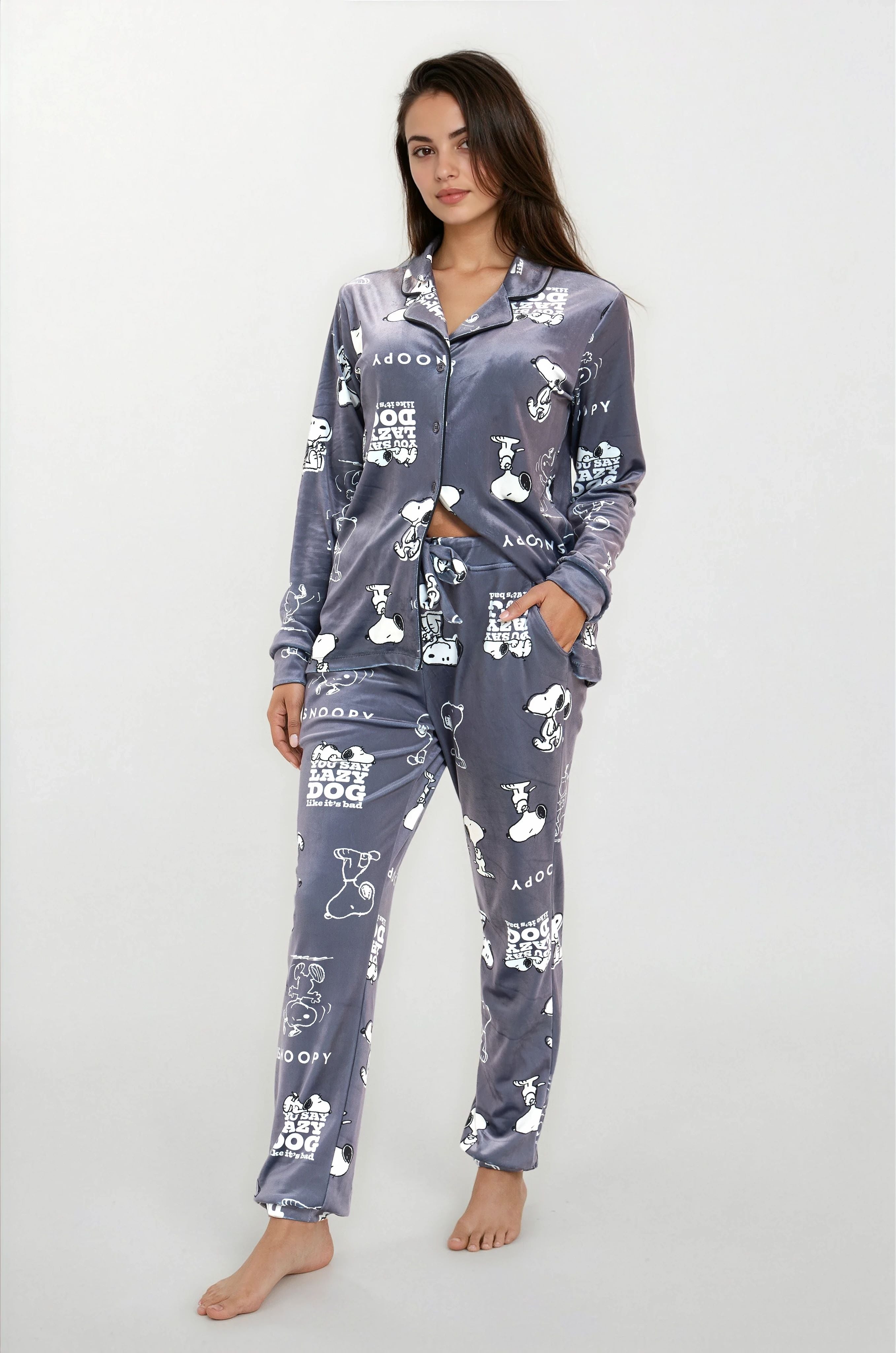 פיג'מה נשים סופטי כפתורים SNOOPY סגול אופק חול ים