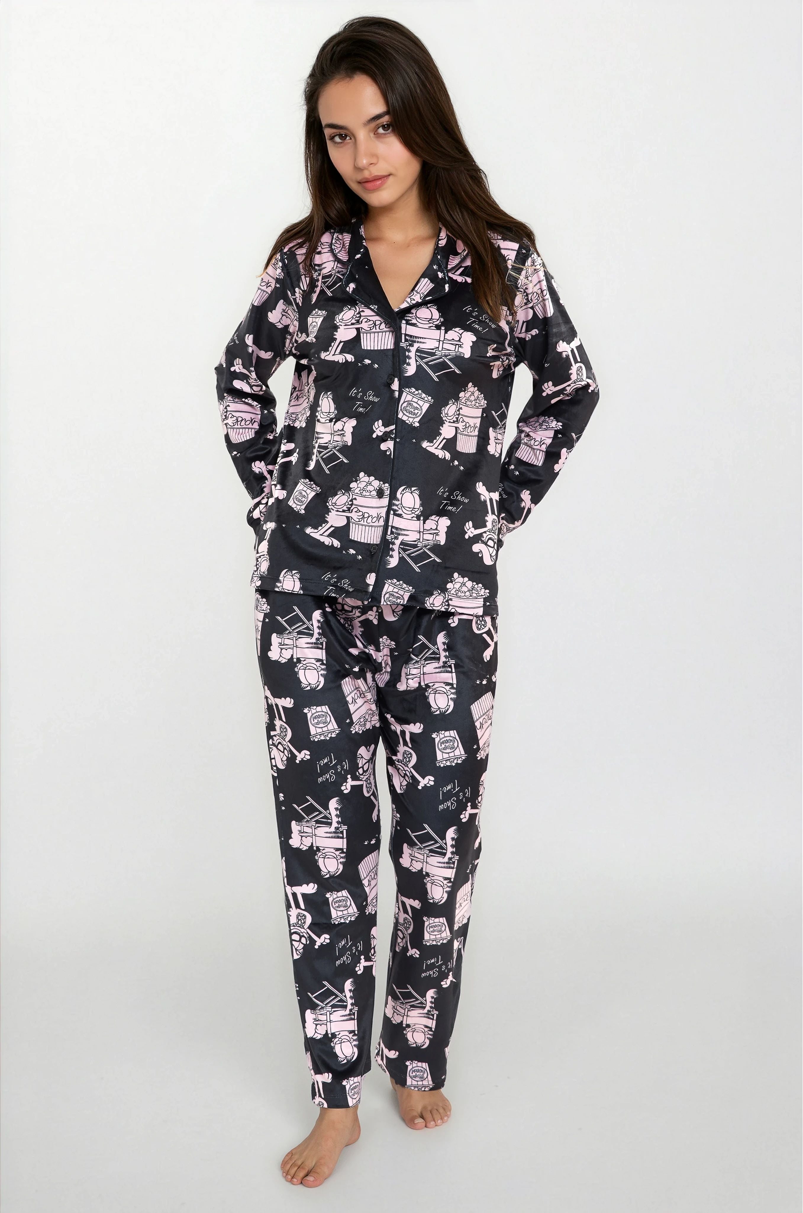 פיג'מה נשים סופטי כפתורים GARFIELD שחור אופק חול ים