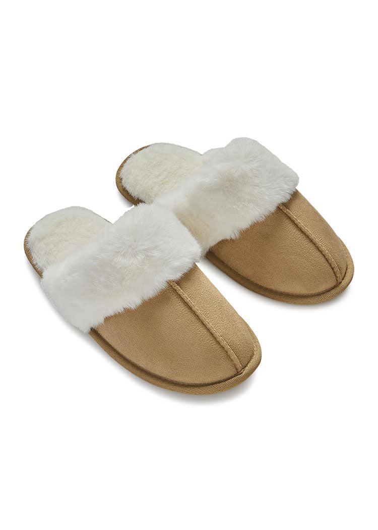 נעל בית מבד דמוי זמש בשילוב פרווה קאמל Femina