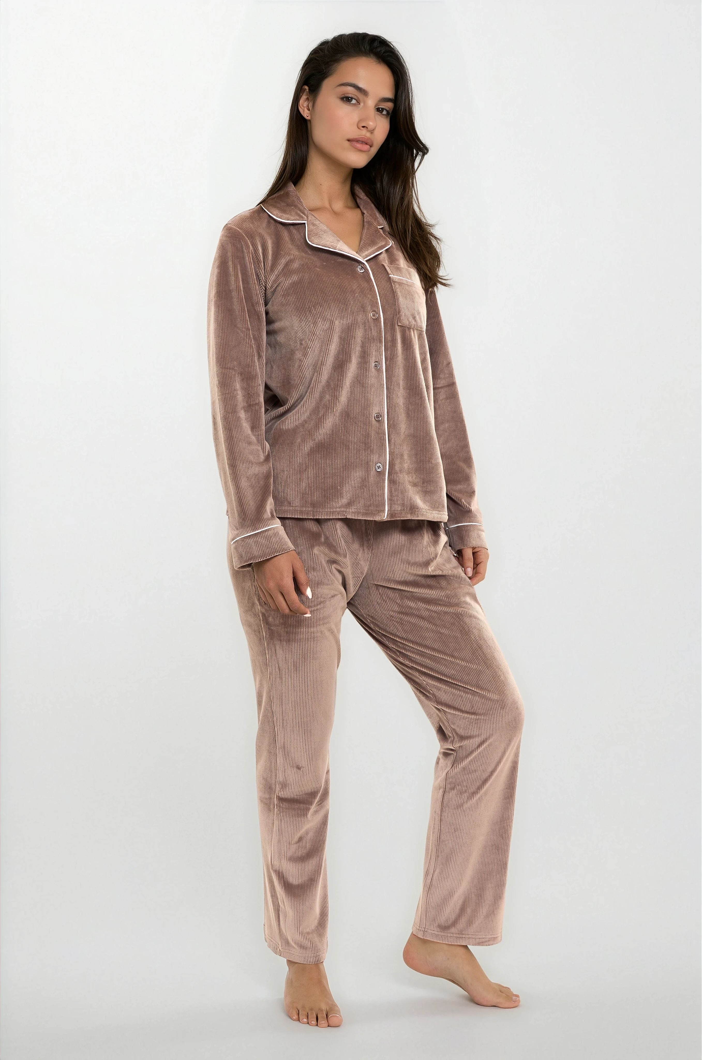 פיג'מה נשים ריב קטיפה כפתורים SOFT & SIMPLE שחור אופק חול ים