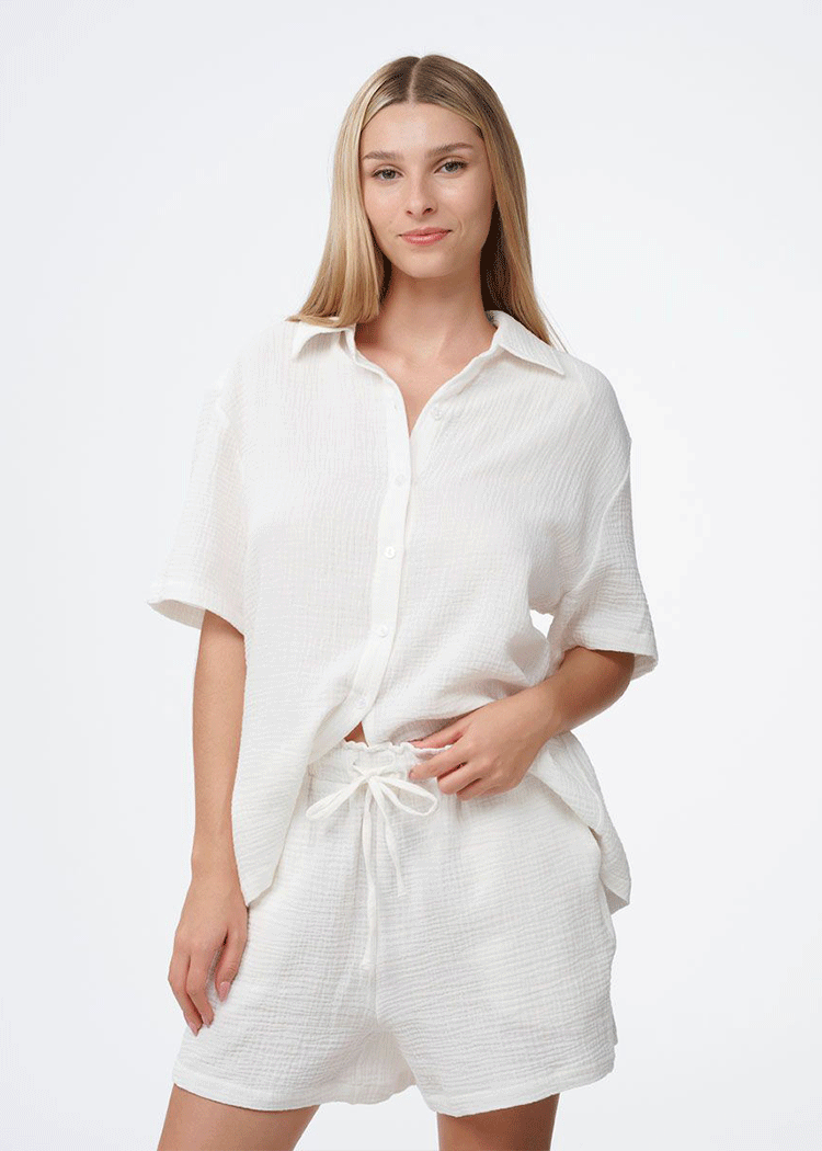 סט פיגמה טטרה 2 חלקים חולצה מכופתרת ומכנסון שמנת Femina