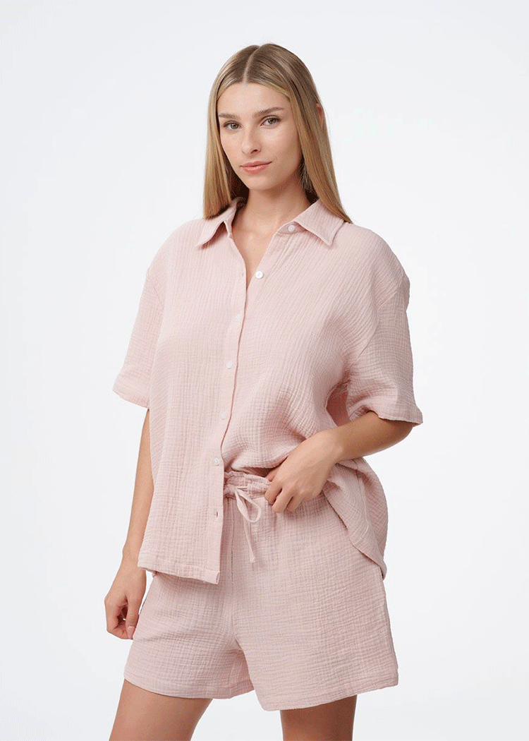 סט פיגמה טטרה 2 חלקים חולצה מכופתרת ומכנסון ורוד Femina