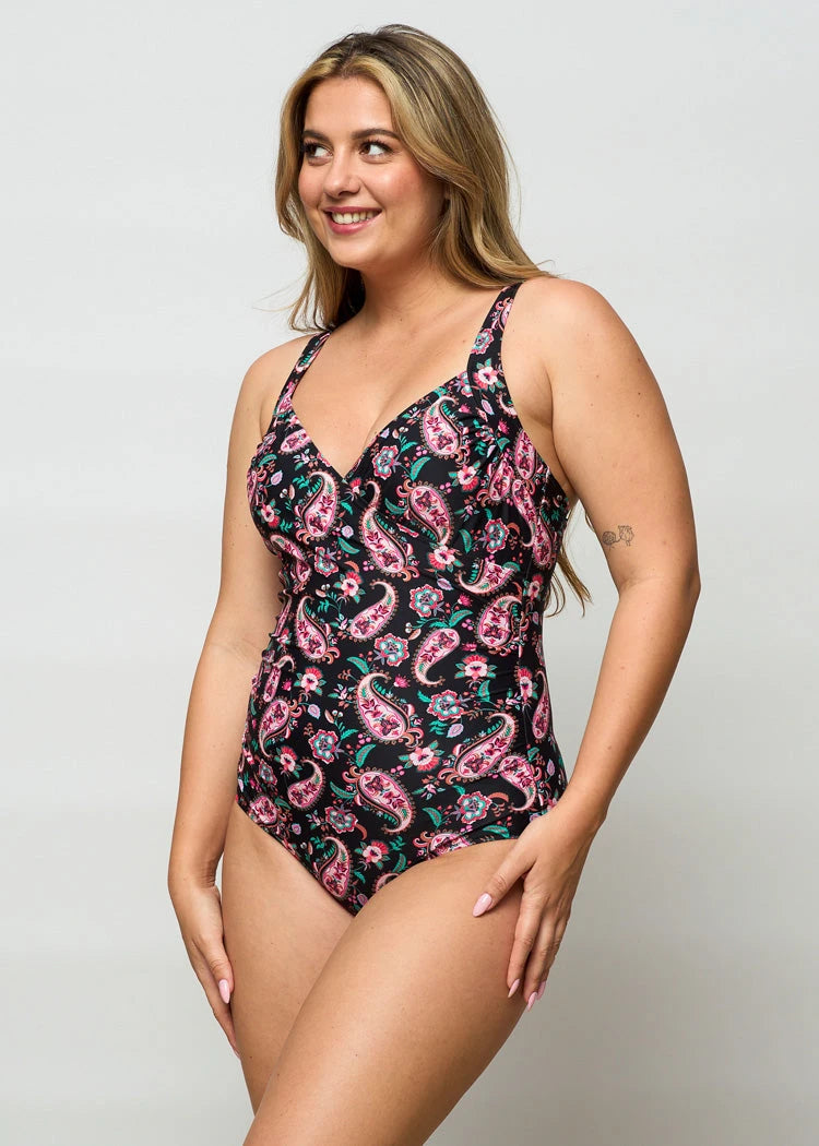 בגד ים שלם מחטב מעטפה פייזלי שחור Levitex-Swimwear