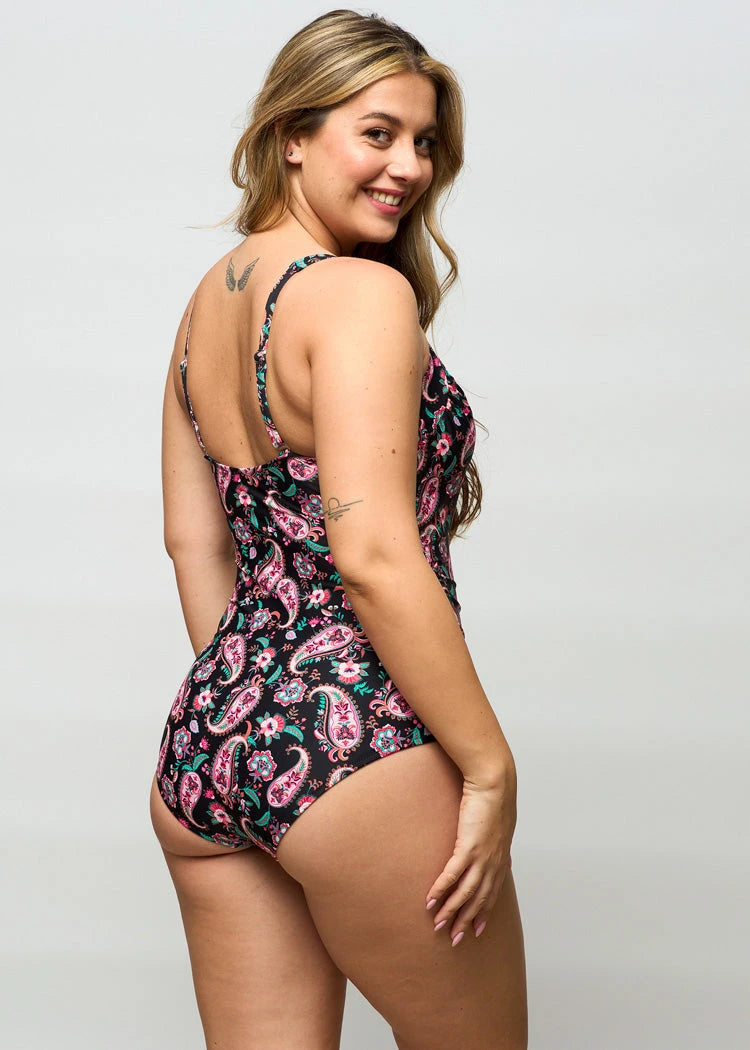 בגד ים שלם מחטב מעטפה פייזלי שחור Levitex-Swimwear