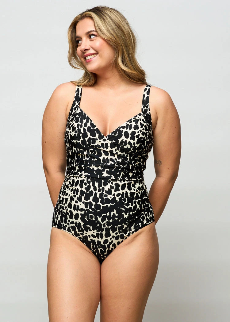 בגד ים שלם מחטב מעטפה הדפס בז'/שחור Levitex-Swimwear