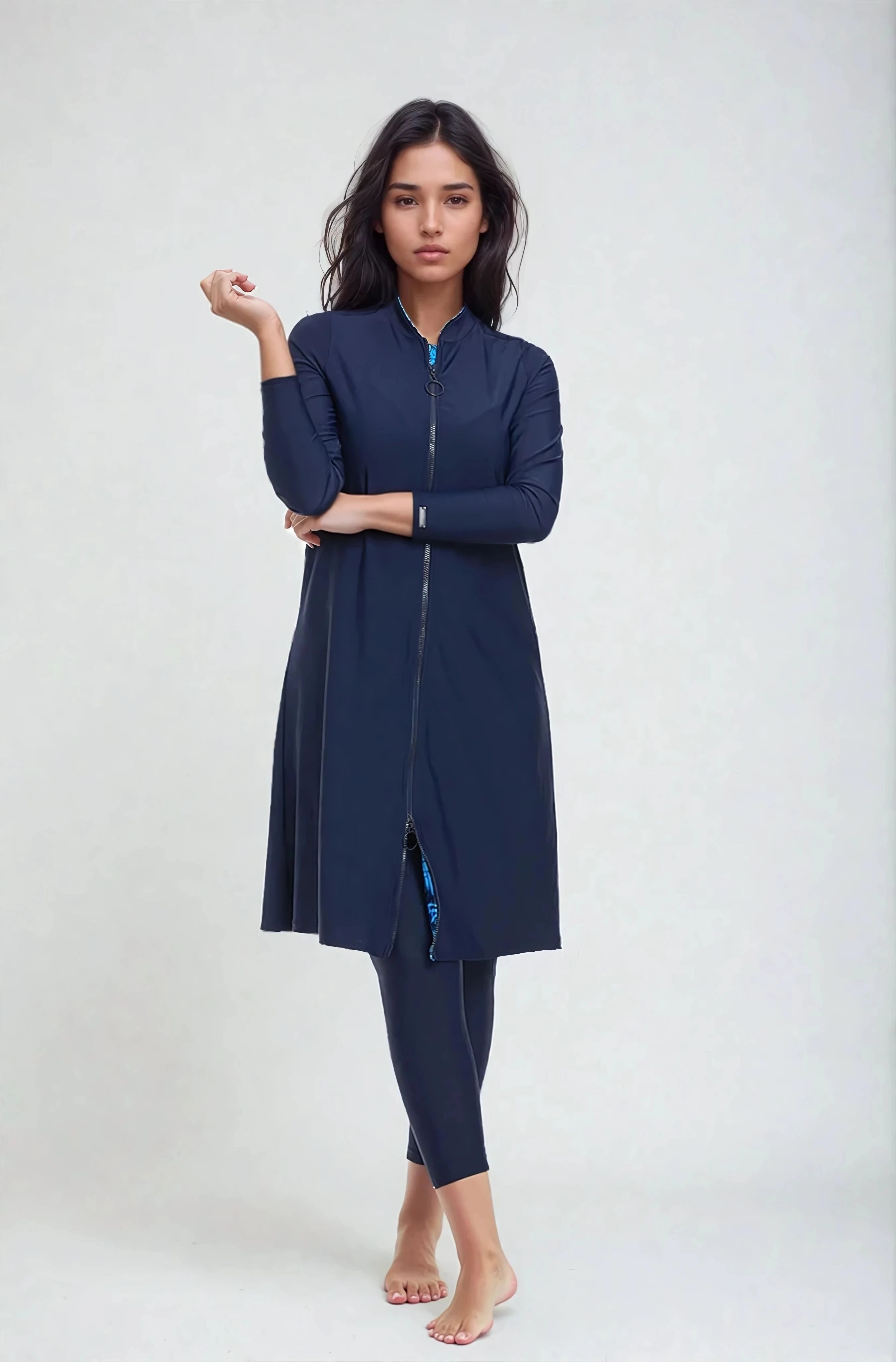 בגד ים שמלה צנוע עם רוכסן כחול - לויטקס Levitex