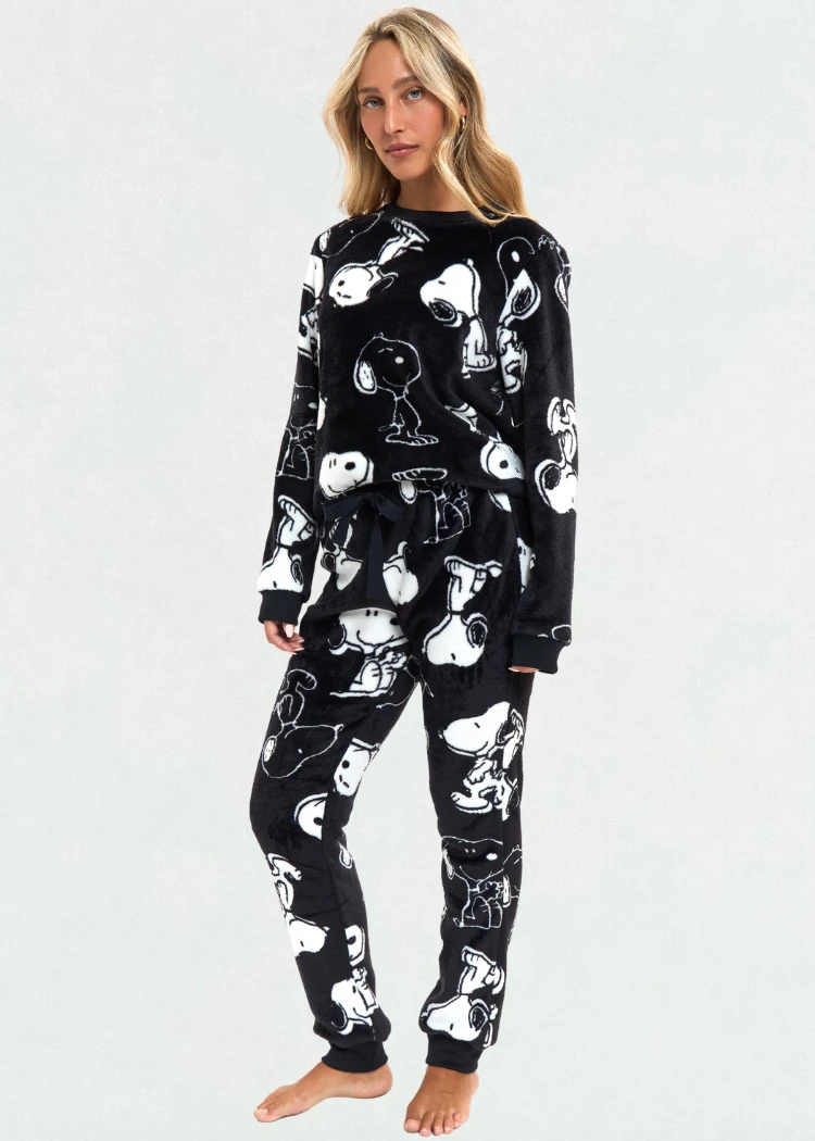 פיג'מה נשים פלנל פליז ניקי SNOOPY שחור אופק חול ים