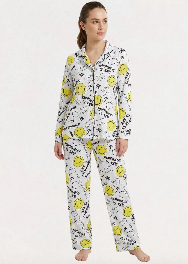 פיג'מה נשים סופטי כפתורים SMILEY שמנת