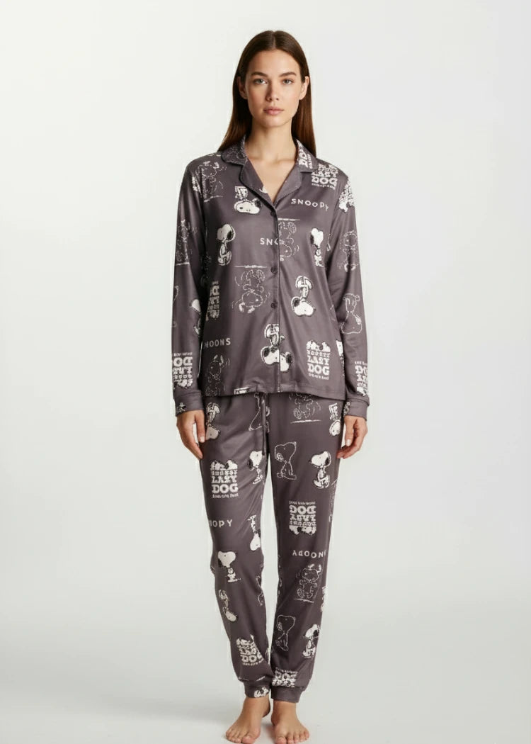 פיג'מה נשים סופטי כפתורים SNOOPY שזיף