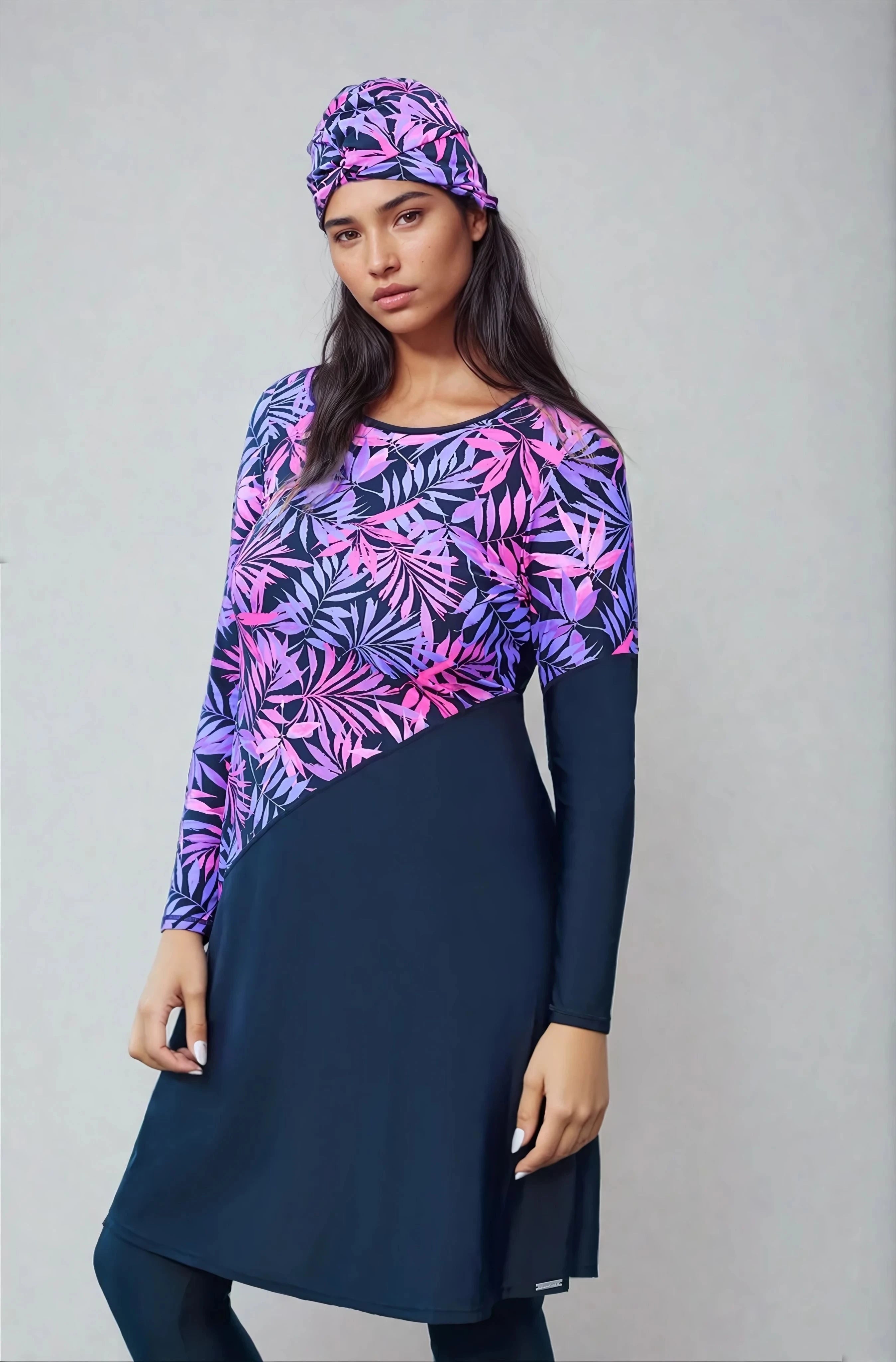 בגד ים שמלה צנוע כחול/הדפס עלים - לויטקס Levitex