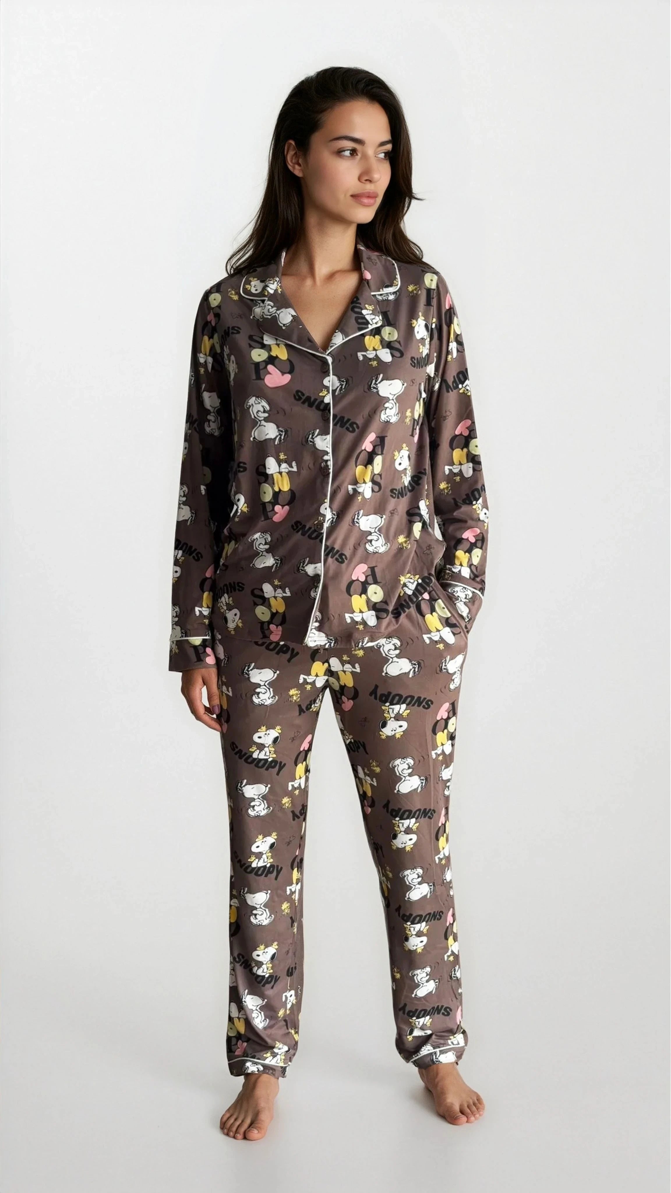 פיג'מה נשים יאמי כפתורים SNOOPY חום אופק חול ים