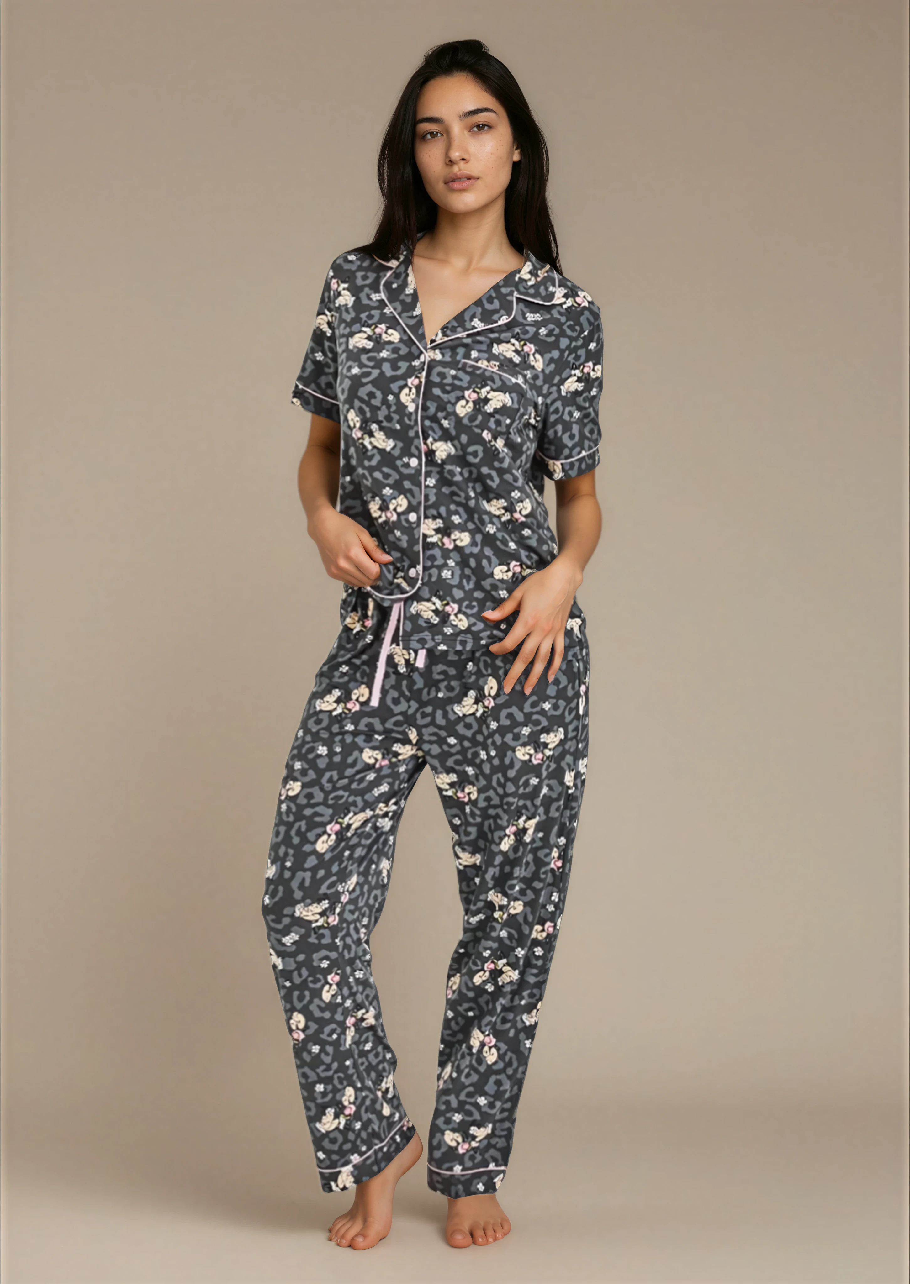 סט פיג'מה יאמי כפתורים הדפס שחור ואפור