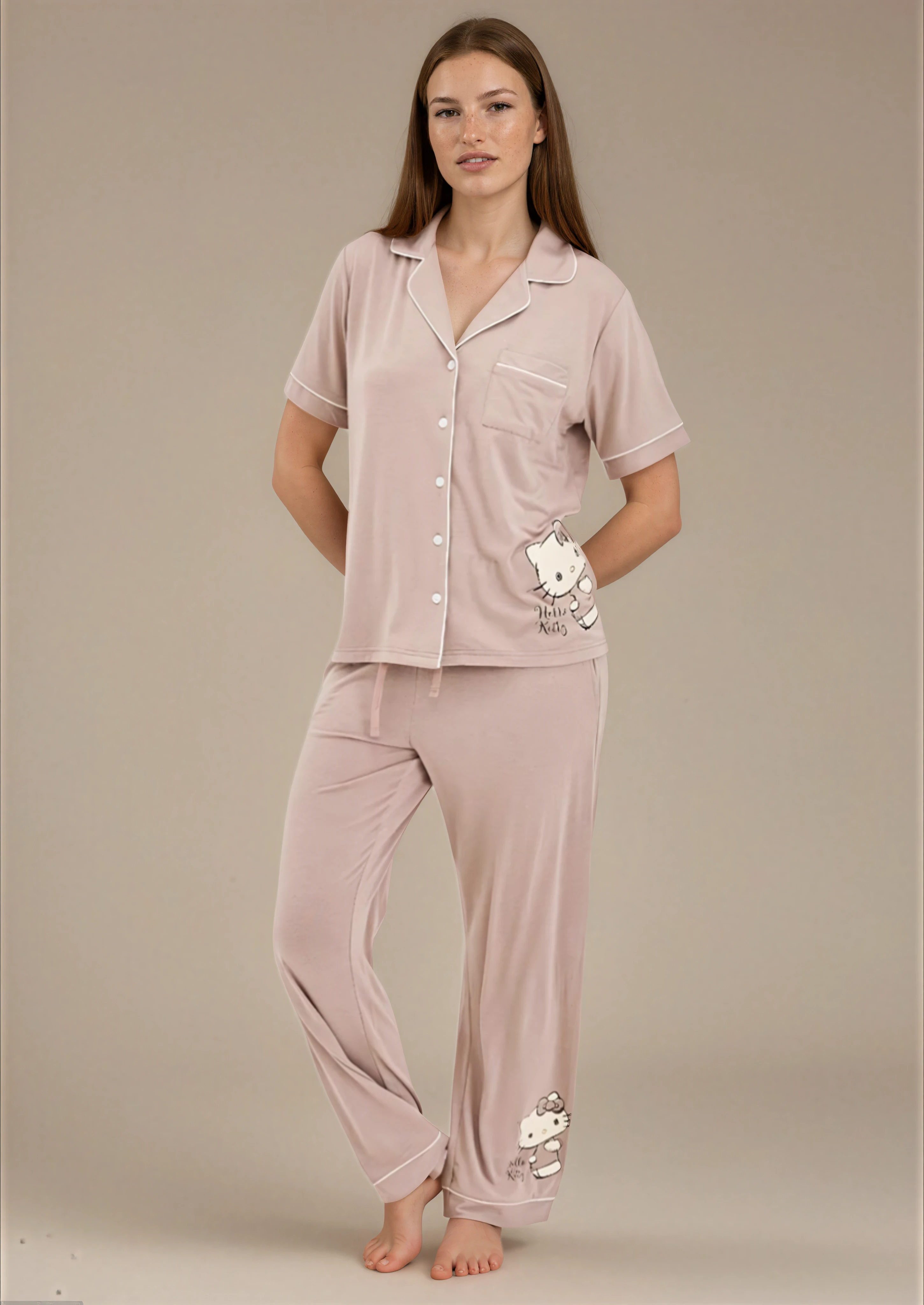 סט פיג'מה בשילוב ויסקוזה כפתורים חום קפוצ'ינו