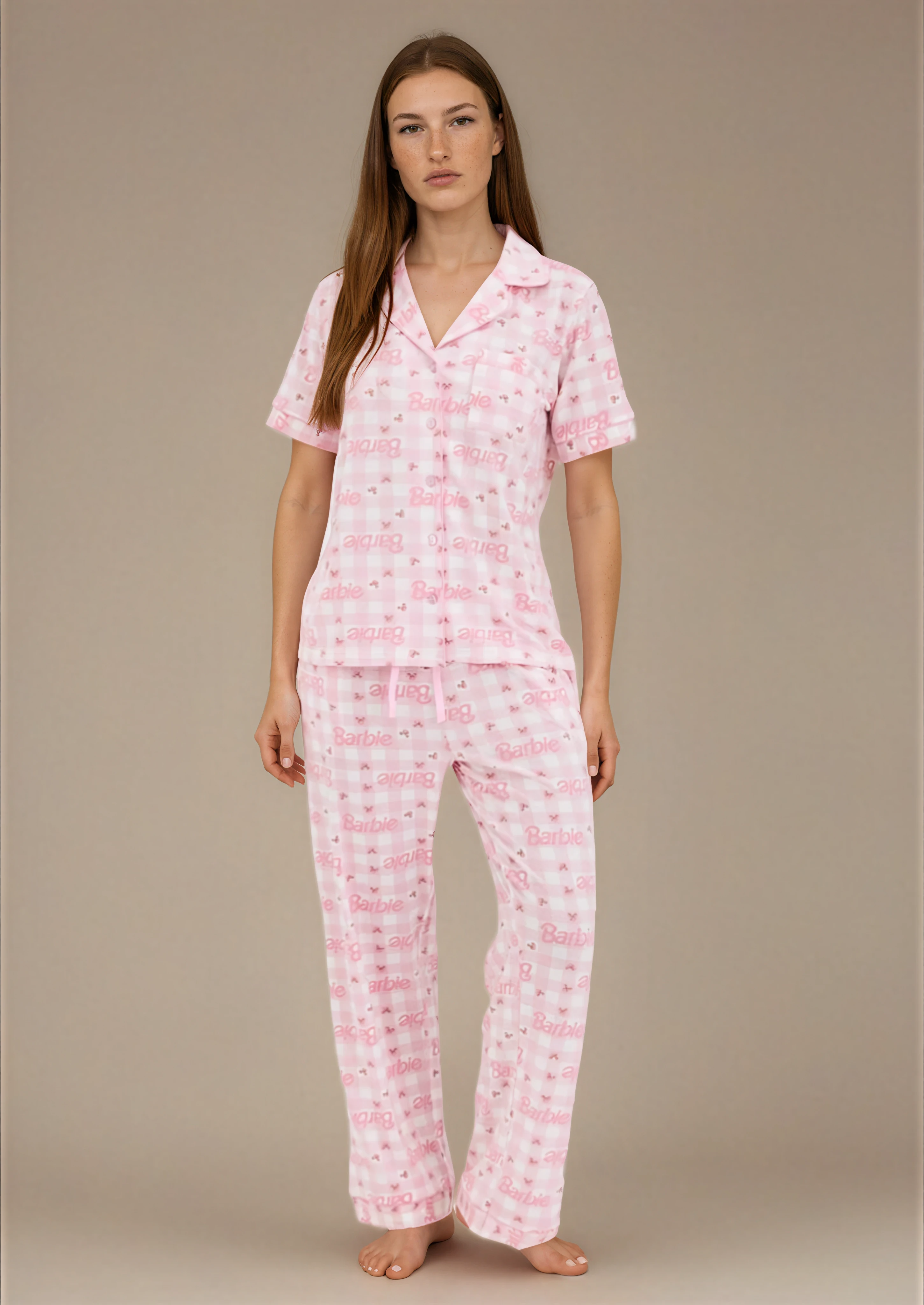 סט פיג'מה בשילוב ויסקוזה כפתורים ורוד