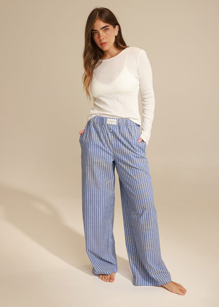 סט חולצת פוינטל כותנה ומכנס פסים LIGHT BLUE STRIPES