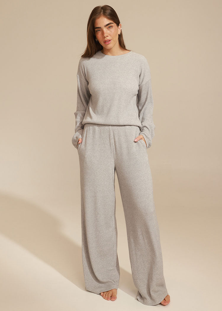 סט ריב מוברש של חולצת בלוזון ומכנס ישר MID GRAY MELANGE