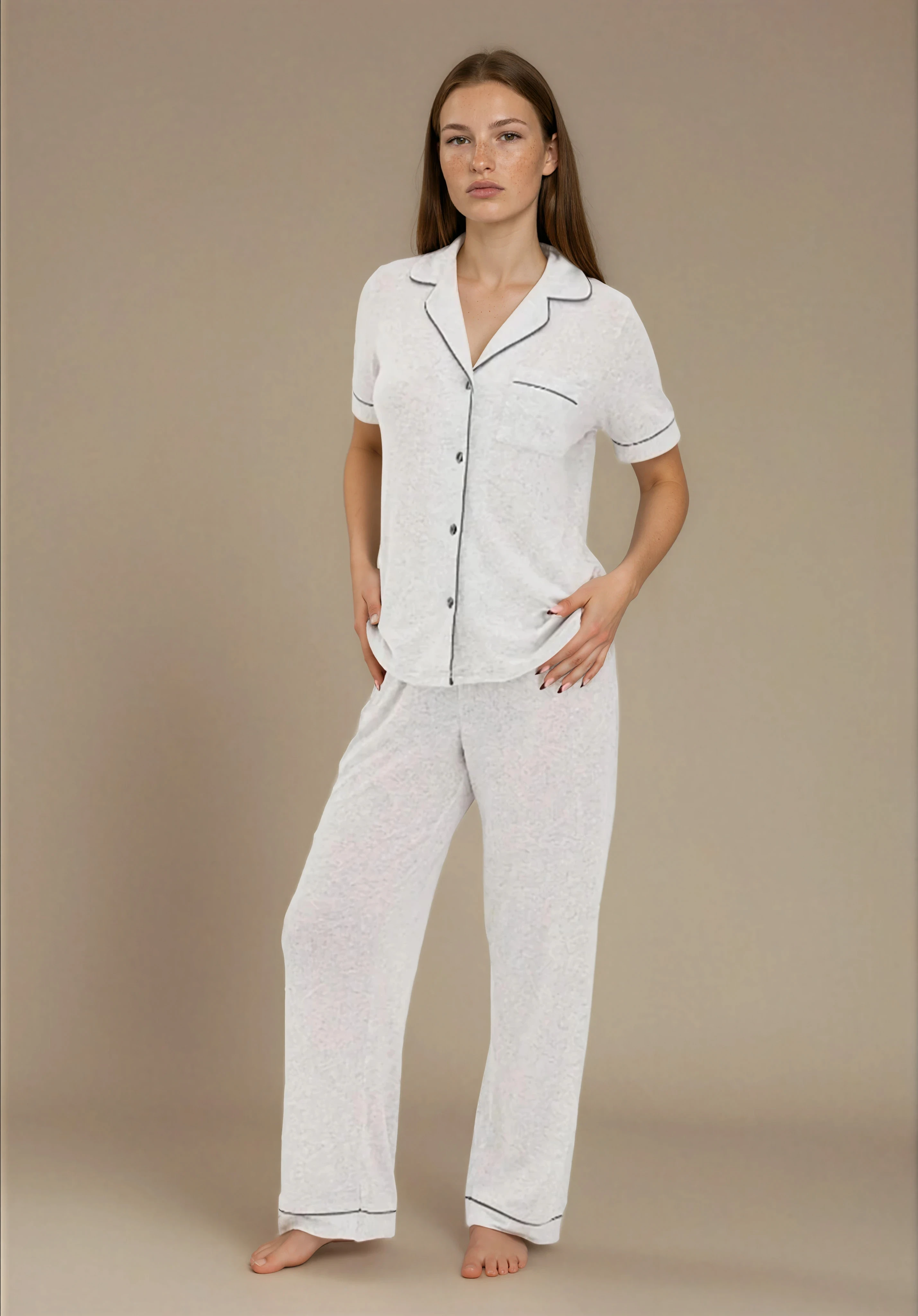 סט פיג'מה פוינטל כפתורים אפור בהיר