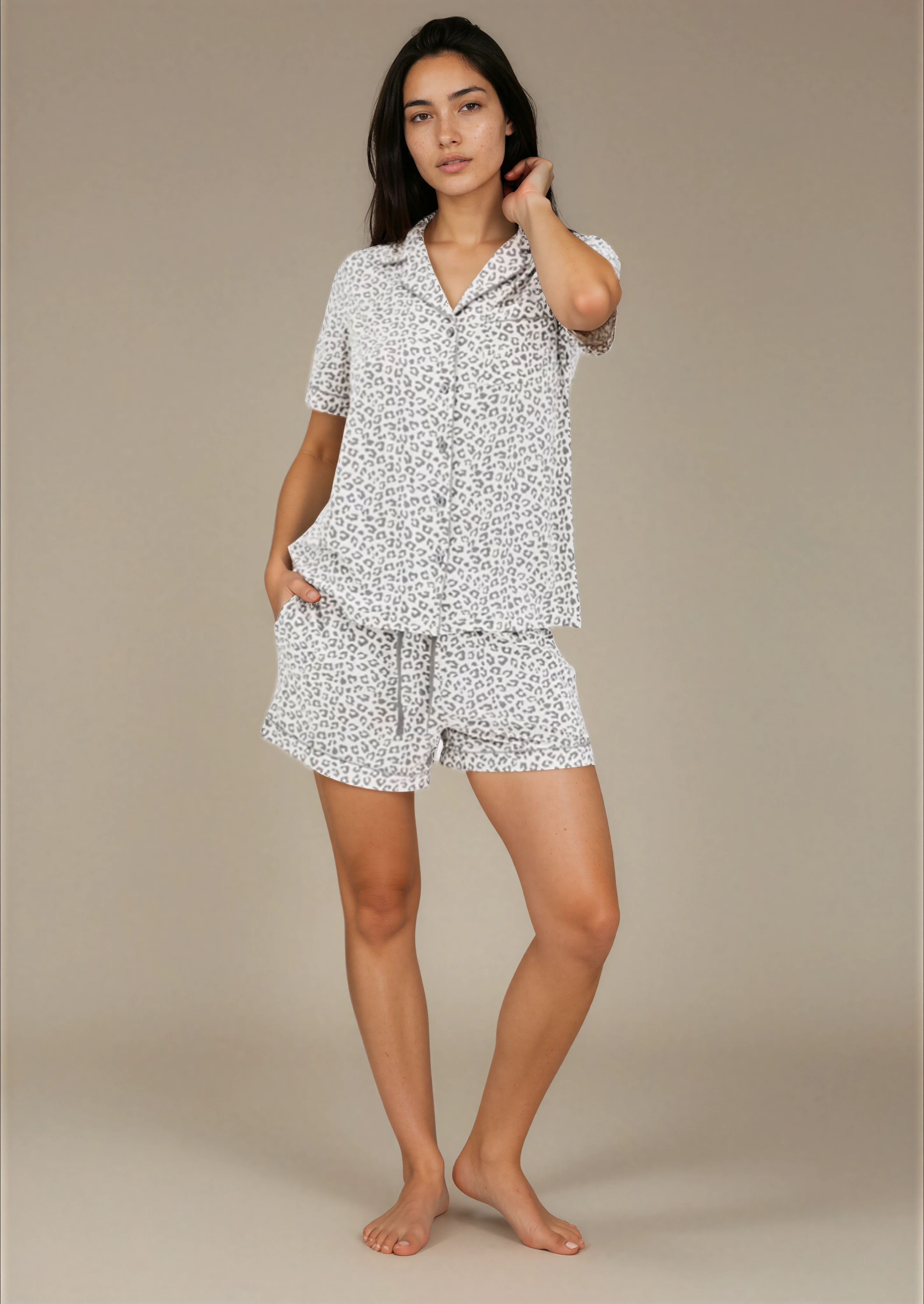 סט פיג'מה יאמי כפתורים הדפס מנומר אפור