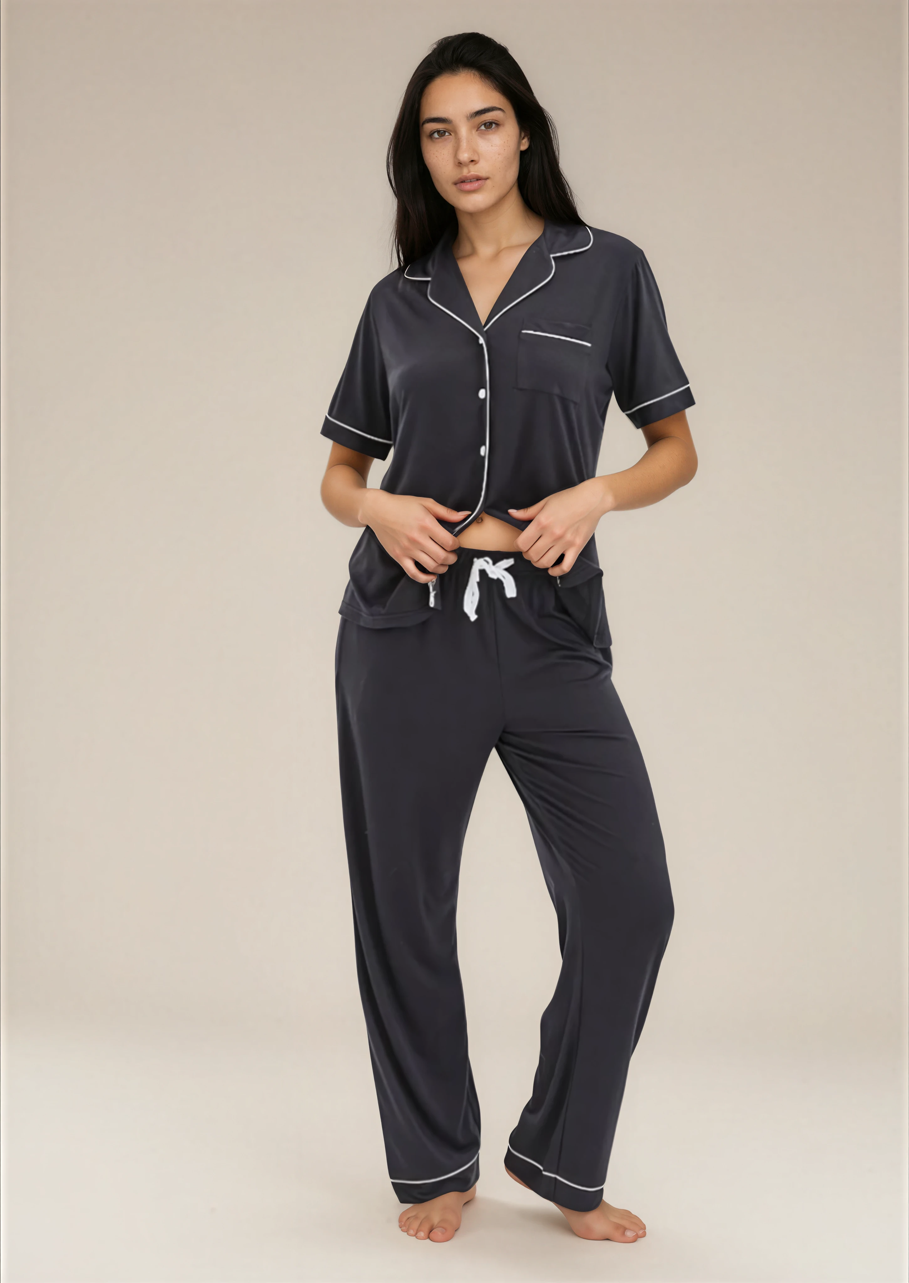 סט פיג'מה בשילוב ויסקוזה כפתורים שחור