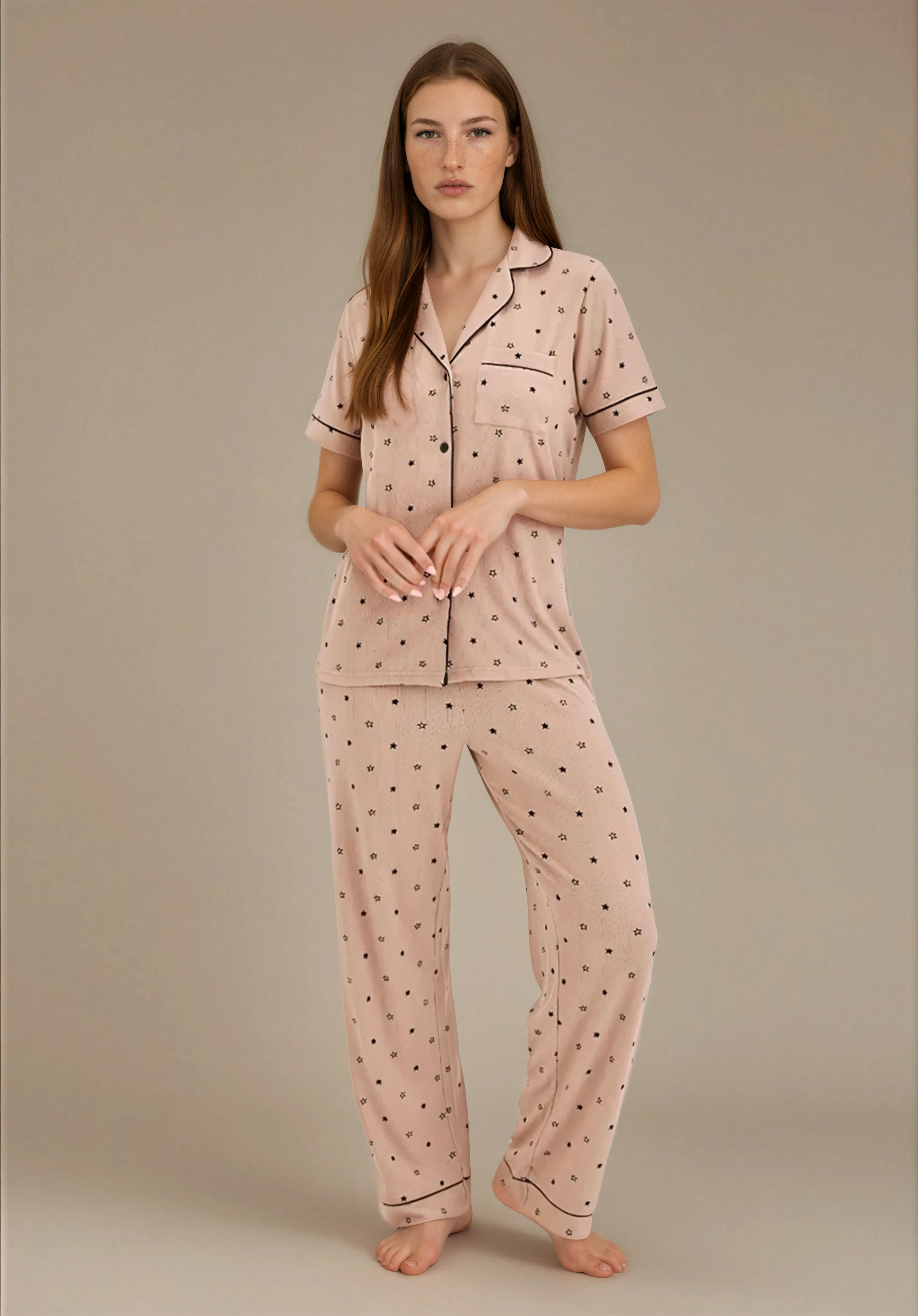 סט פיג'מה פוינטל כפתורים בז'