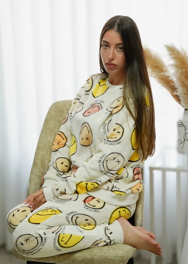 פיג'מה נשים פלנל פליז ניקי SMILEY הדפס שמנת אופק חול ים