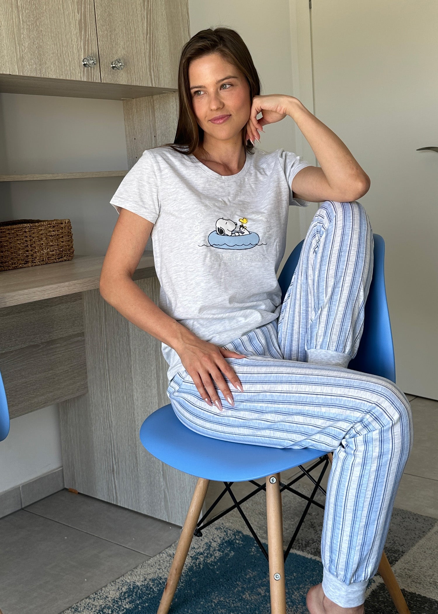 פיג'מה קיץ נשים כותנה שרוול קצר מכנס ארוך white melange - לויטקס Levitex