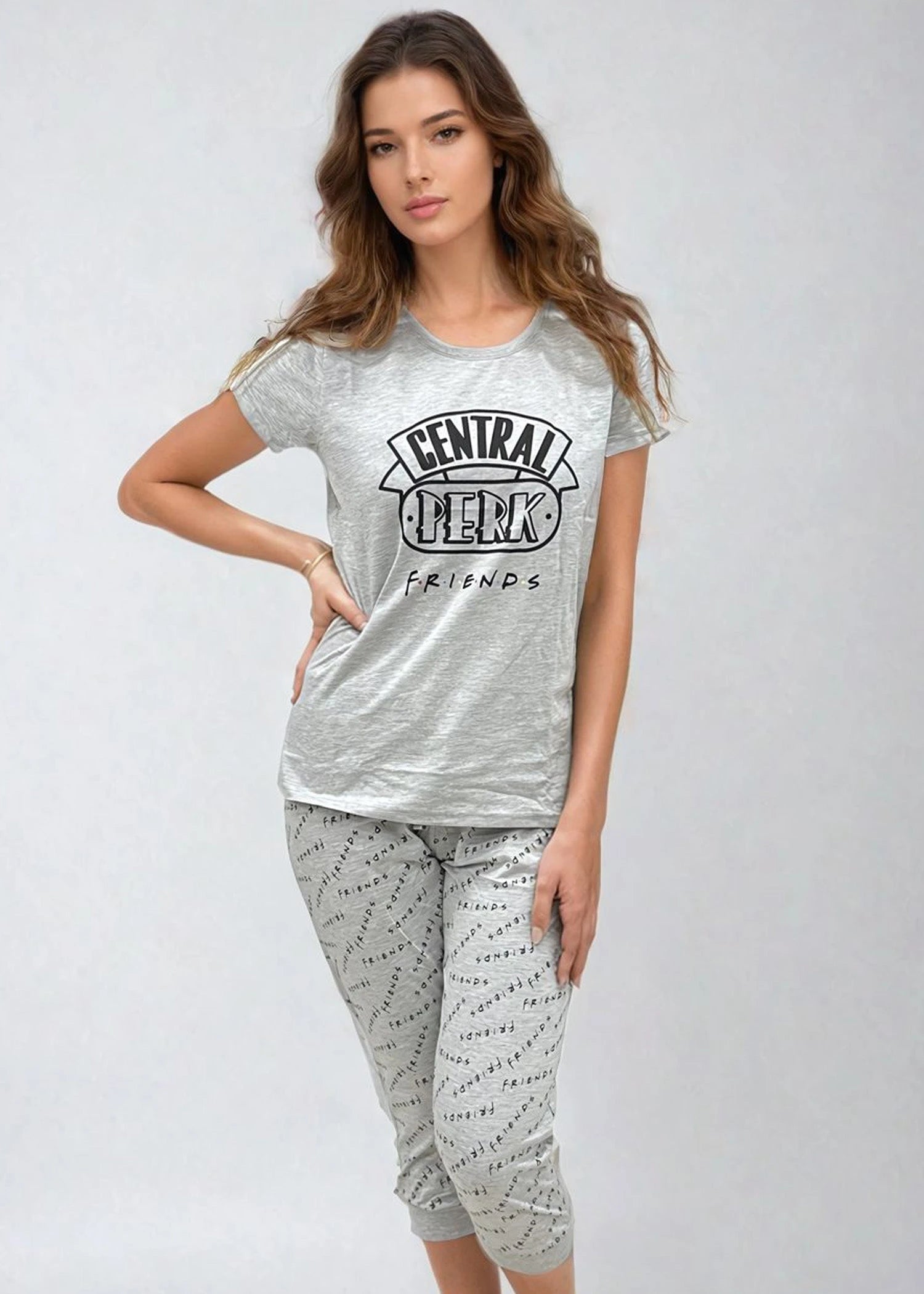 פיג'מה קיץ נשים כותנה שרוול קצר מכנס 3/4 חברים grey melange - לויטקס Levitex