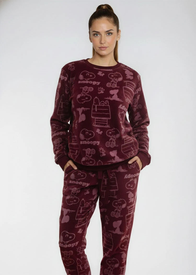 פיג'מה נשים פלנל פליז ניקי SNOOPY בורדו