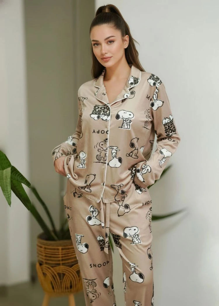 פיג'מה נשים סופטי כפתורים SNOOPY בז'
