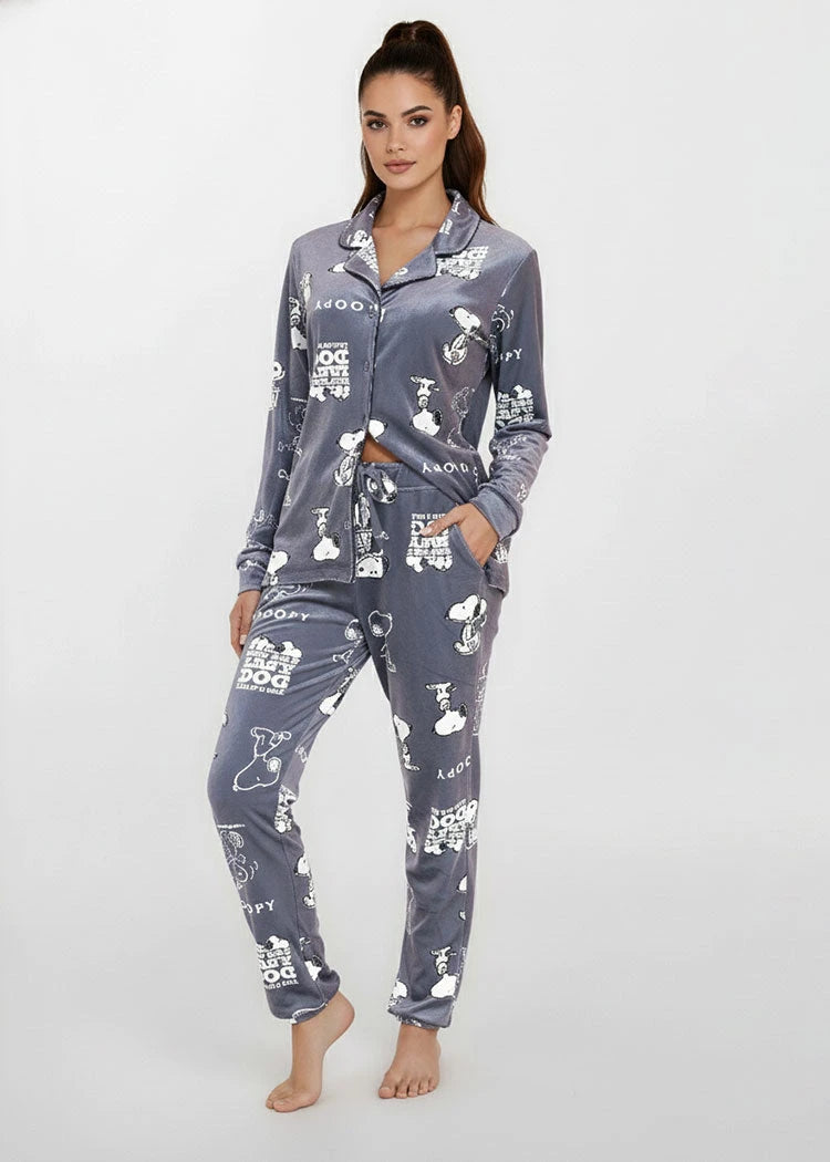 פיג'מה נשים סופטי כפתורים SNOOPY סגול