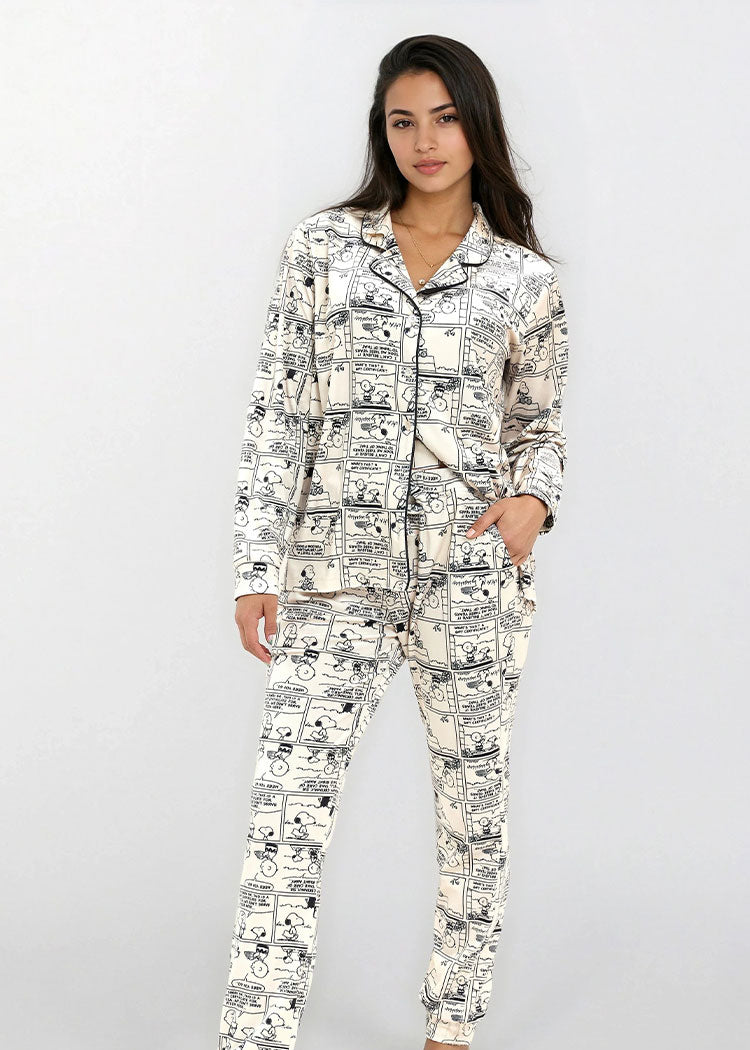 פיג'מה נשים סופטי כפתורים SNOOPY שמנת