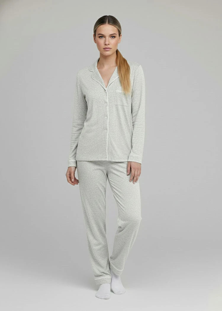 מארז סט פיג’מה מכופתר אפור בהיר מלנג'