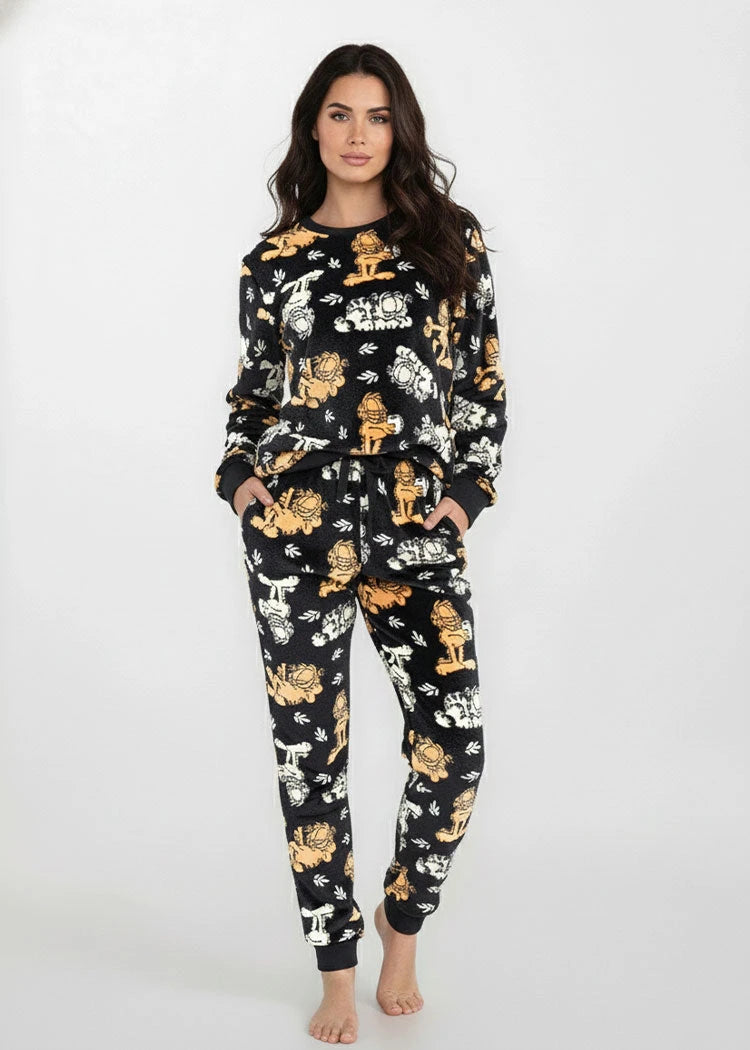 פיג'מה נשים פלנל פליז ניקי GARFIELD הדפס שחור